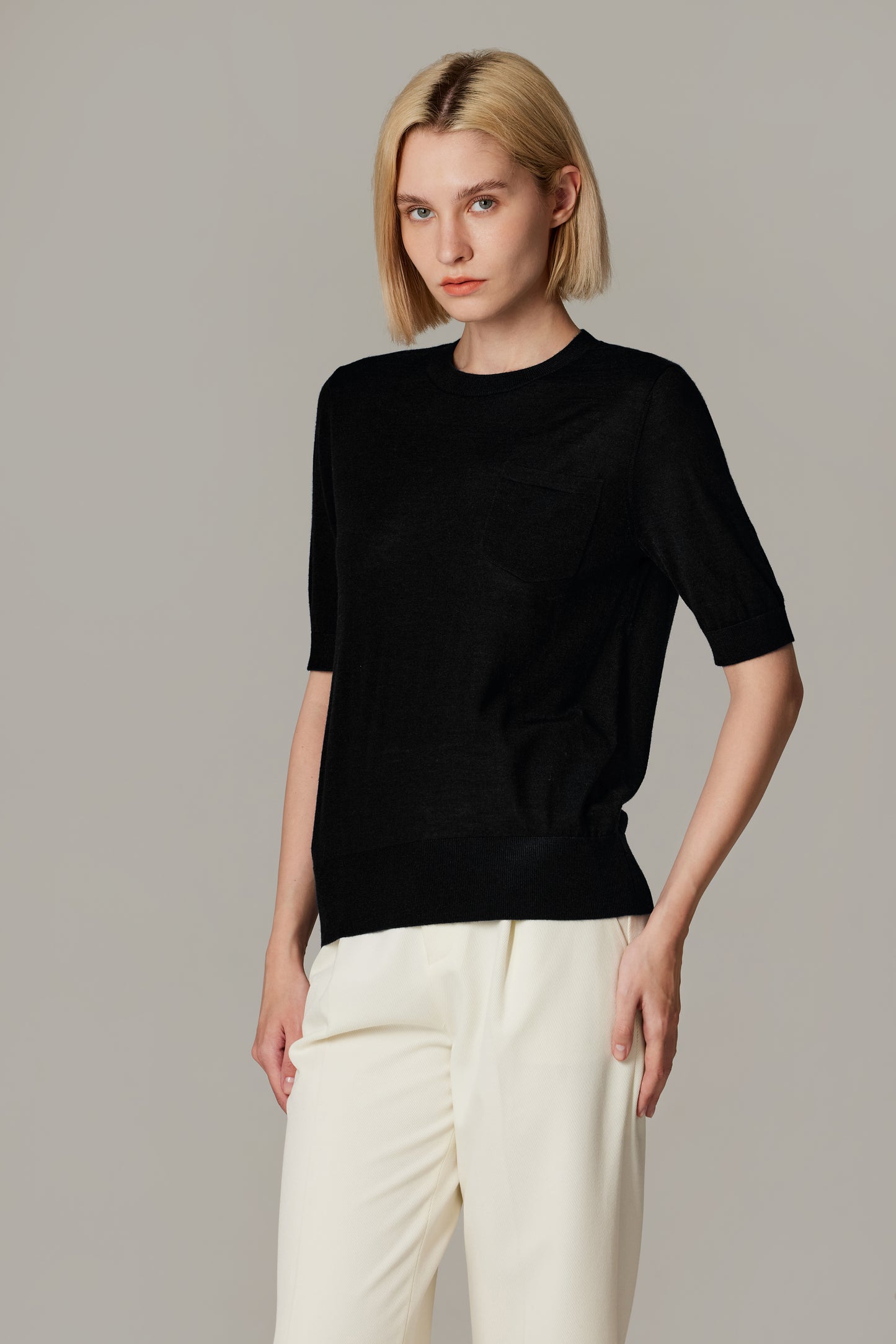 JENNIE LIU Women's Tissue Weight 75% Merino Wool 25% Silk Crew Neck Short Sleeve T Shirt Sweater | Ultra Soft Machine-Washable Sweaters for Women