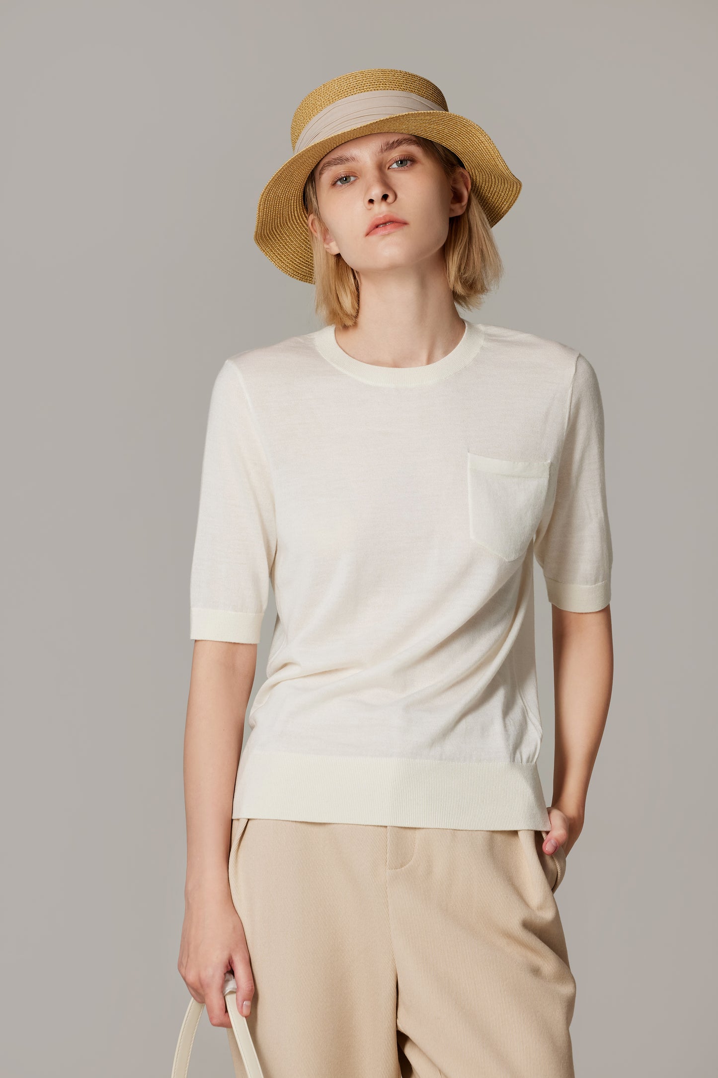 JENNIE LIU Women's Tissue Weight 75% Merino Wool 25% Silk Crew Neck Short Sleeve T Shirt Sweater | Ultra Soft Machine-Washable Sweaters for Women