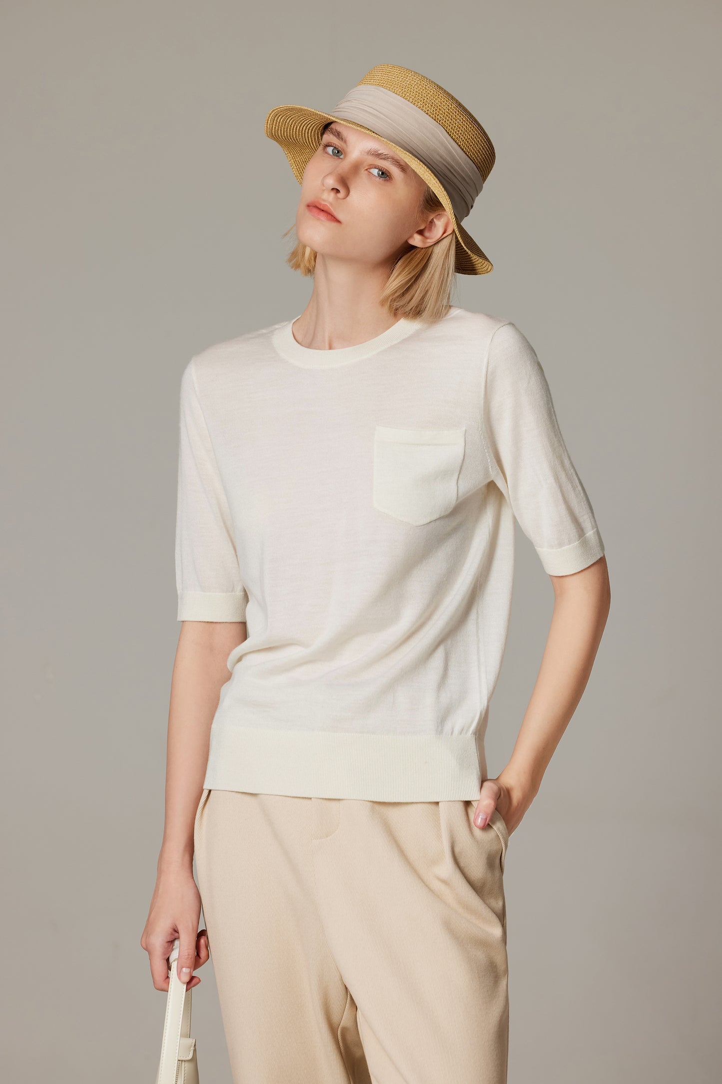 JENNIE LIU Women's Tissue Weight 75% Merino Wool 25% Silk Crew Neck Short Sleeve T Shirt Sweater | Ultra Soft Machine-Washable Sweaters for Women