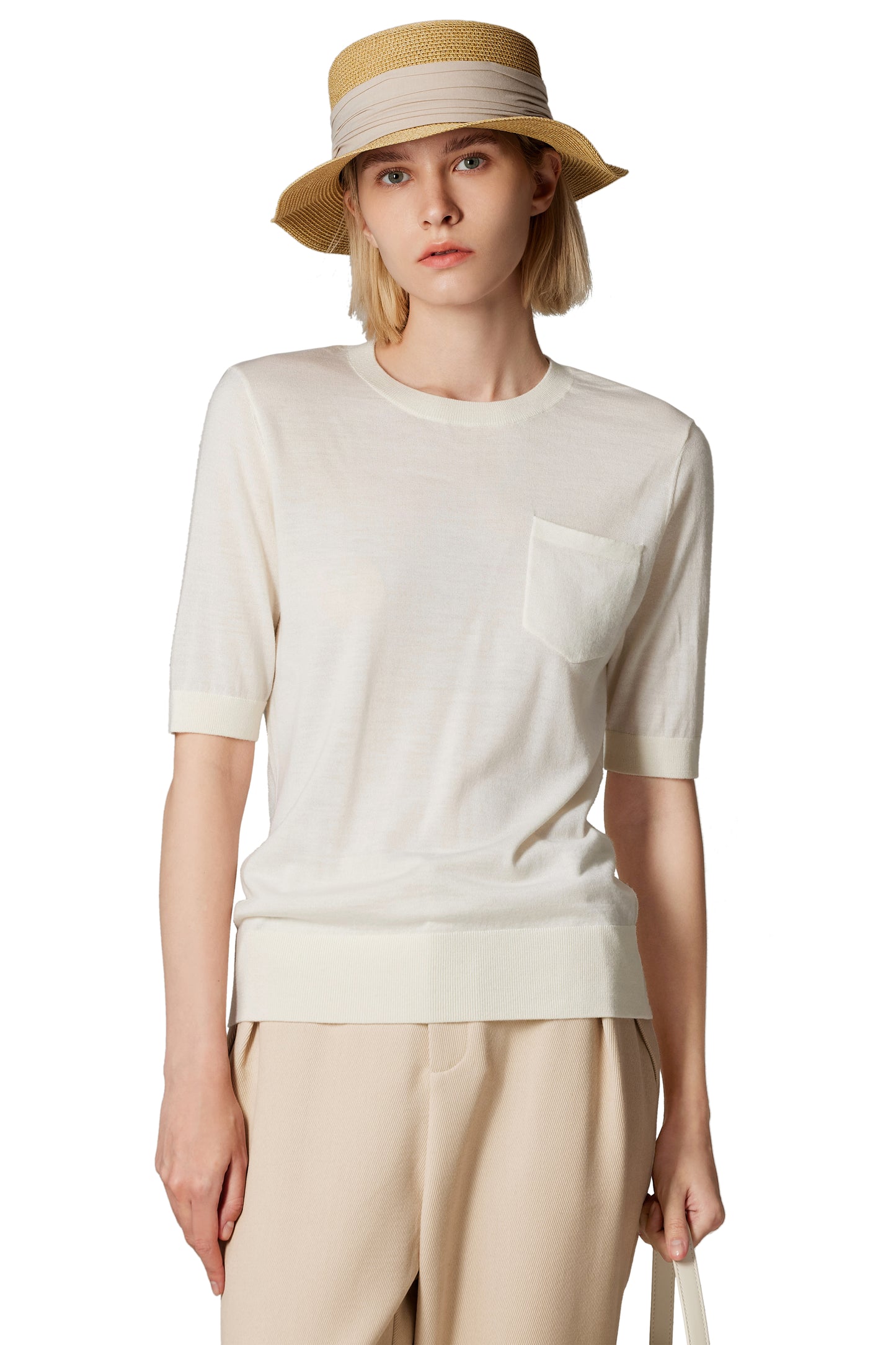 JENNIE LIU Women's Tissue Weight 75% Merino Wool 25% Silk Crew Neck Short Sleeve T Shirt Sweater | Ultra Soft Machine-Washable Sweaters for Women