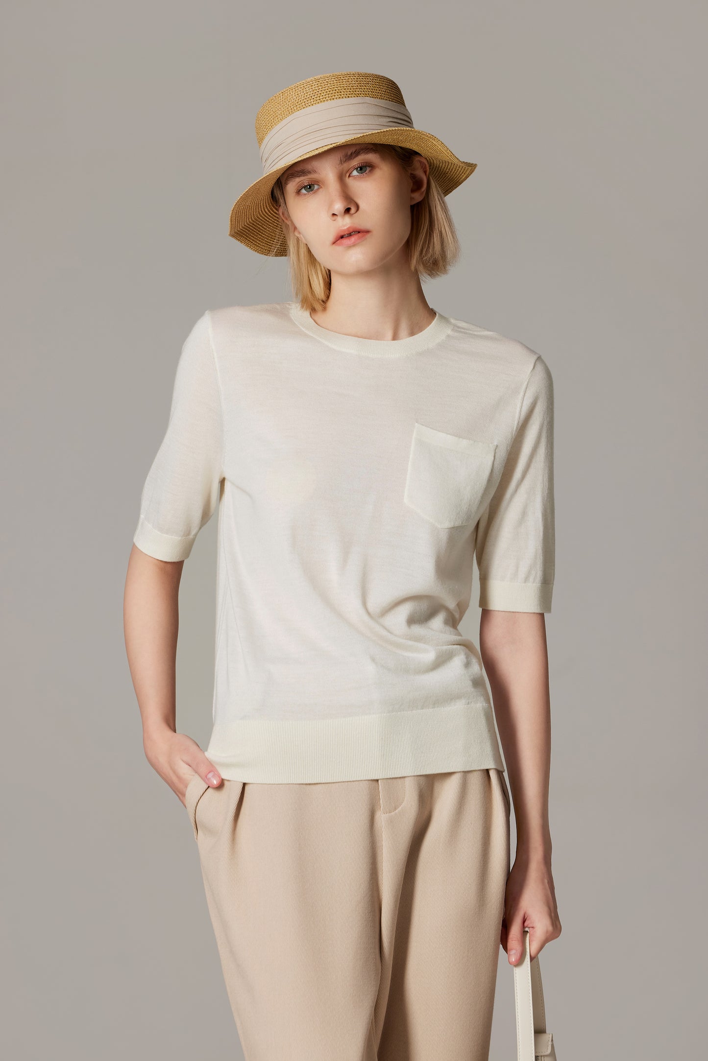 JENNIE LIU Women's Tissue Weight 75% Merino Wool 25% Silk Crew Neck Short Sleeve T Shirt Sweater | Ultra Soft Machine-Washable Sweaters for Women