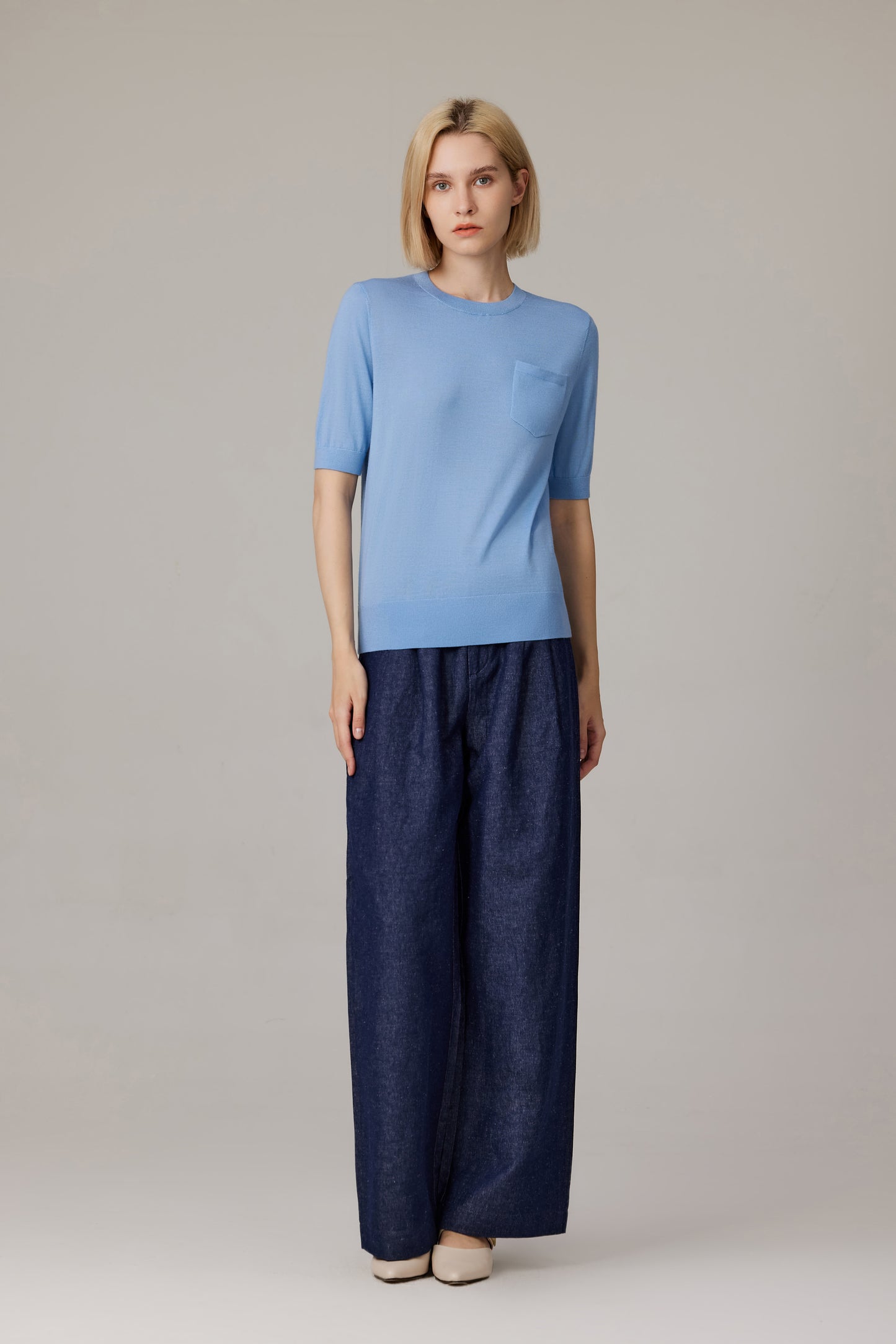 JENNIE LIU Women's Tissue Weight 75% Merino Wool 25% Silk Crew Neck Short Sleeve T Shirt Sweater | Ultra Soft Machine-Washable Sweaters for Women