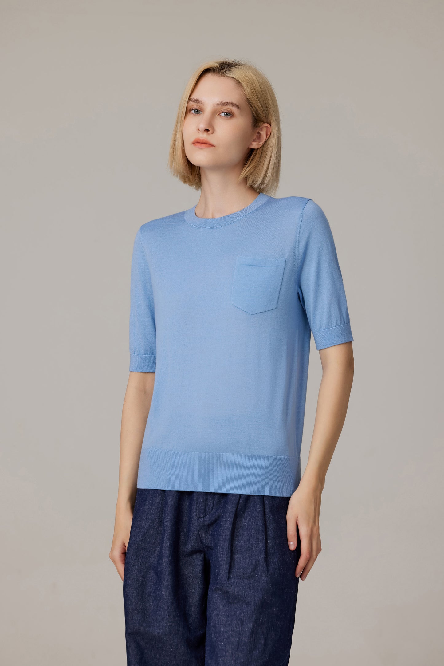 JENNIE LIU Women's Tissue Weight 75% Merino Wool 25% Silk Crew Neck Short Sleeve T Shirt Sweater | Ultra Soft Machine-Washable Sweaters for Women