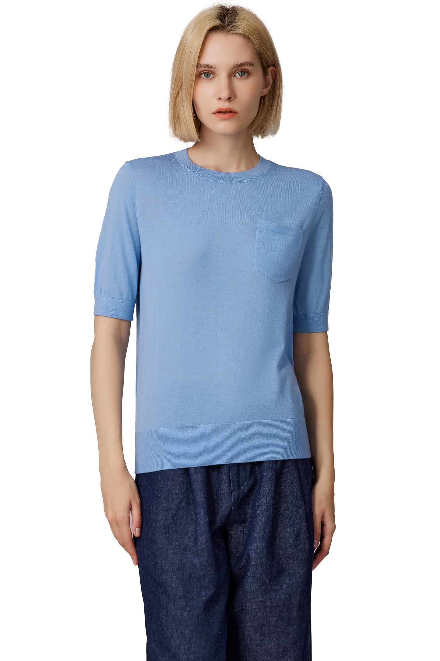 JENNIE LIU Women's Tissue Weight 75% Merino Wool 25% Silk Crew Neck Short Sleeve T Shirt Sweater | Ultra Soft Machine-Washable Sweaters for Women