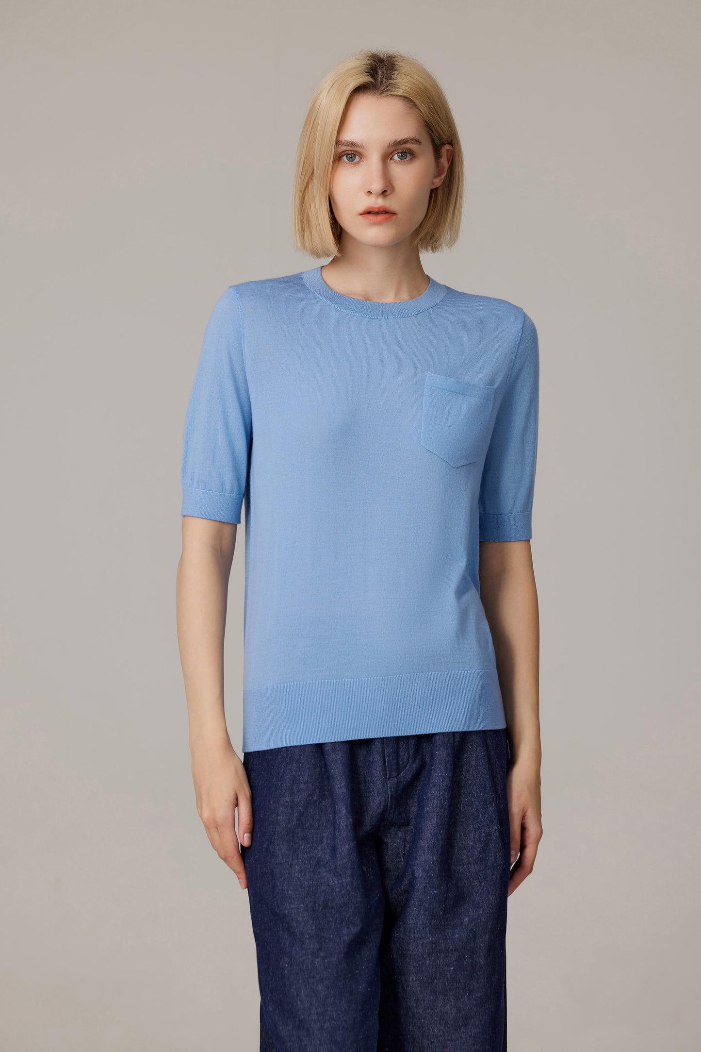 JENNIE LIU Women's Tissue Weight 75% Merino Wool 25% Silk Crew Neck Short Sleeve T Shirt Sweater | Ultra Soft Machine-Washable Sweaters for Women