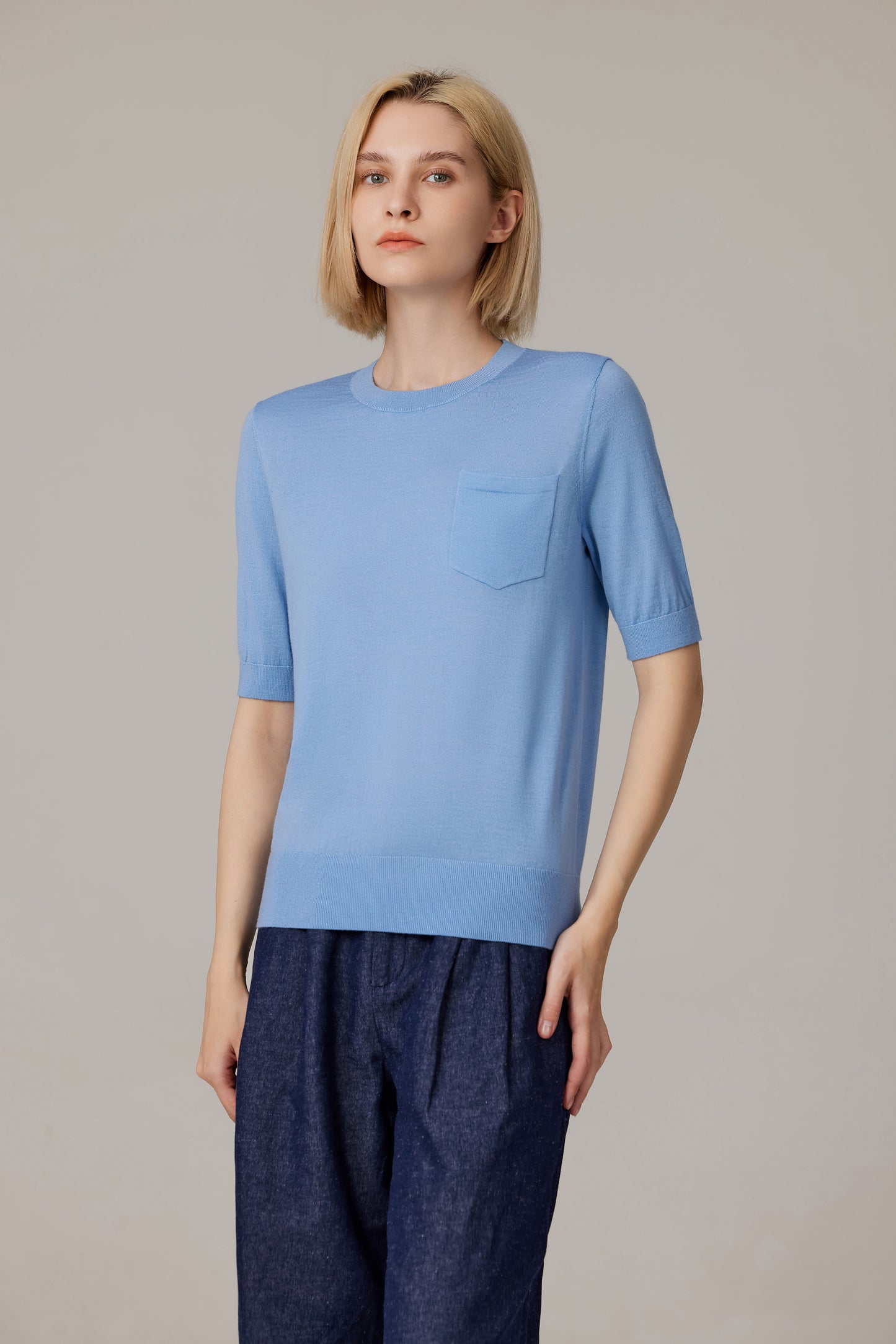 JENNIE LIU Women's Tissue Weight 75% Merino Wool 25% Silk Crew Neck Short Sleeve T Shirt Sweater | Ultra Soft Machine-Washable Sweaters for Women