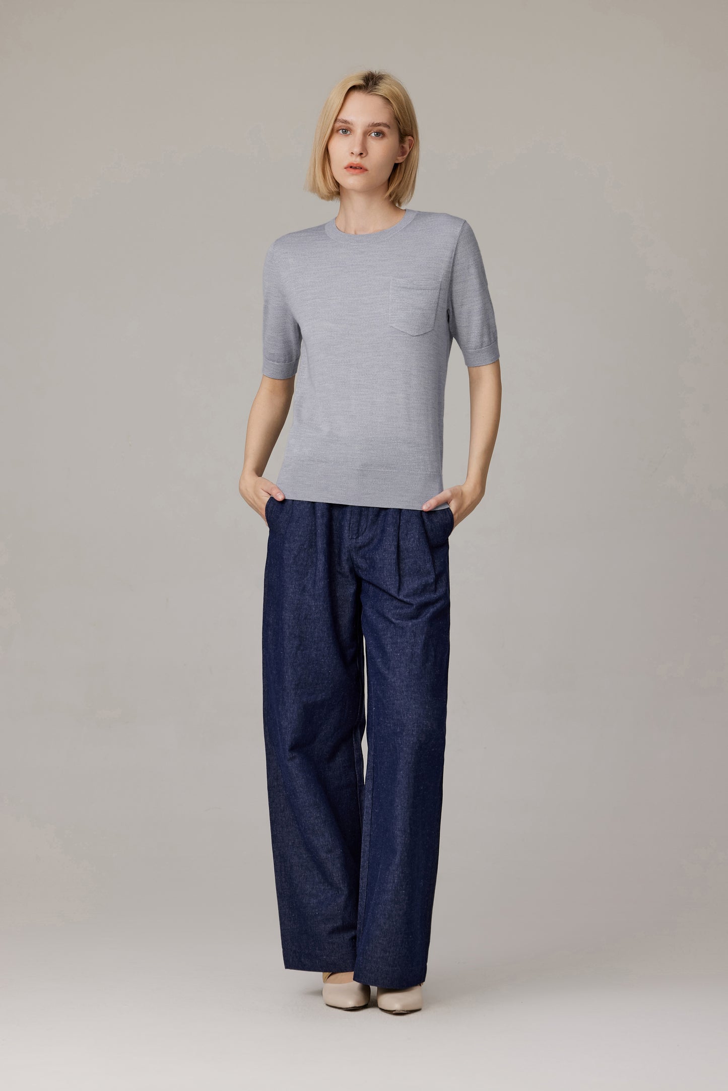 JENNIE LIU Women's Tissue Weight 75% Merino Wool 25% Silk Crew Neck Short Sleeve T Shirt Sweater | Ultra Soft Machine-Washable Sweaters for Women