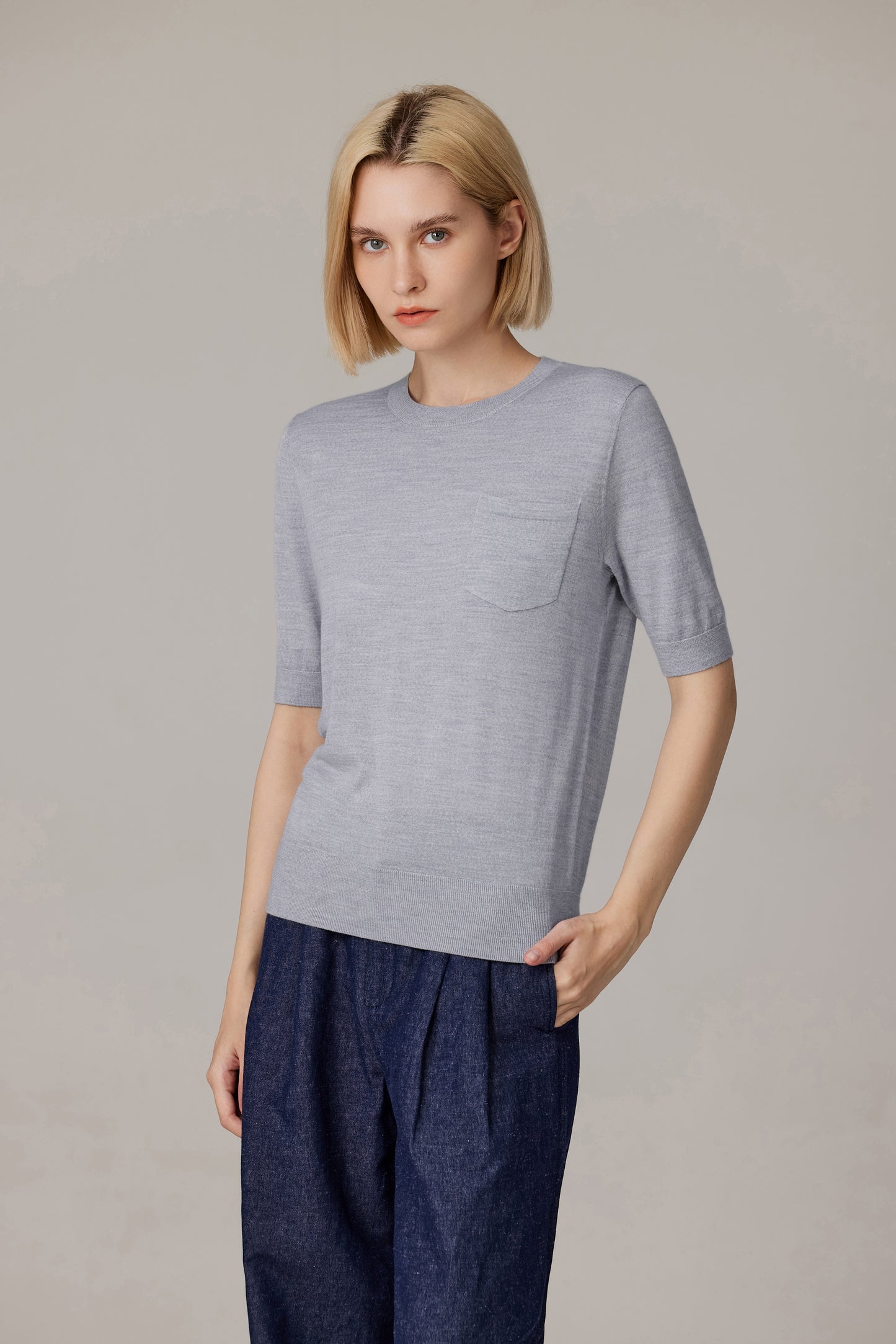 JENNIE LIU Women's Tissue Weight 75% Merino Wool 25% Silk Crew Neck Short Sleeve T Shirt Sweater | Ultra Soft Machine-Washable Sweaters for Women