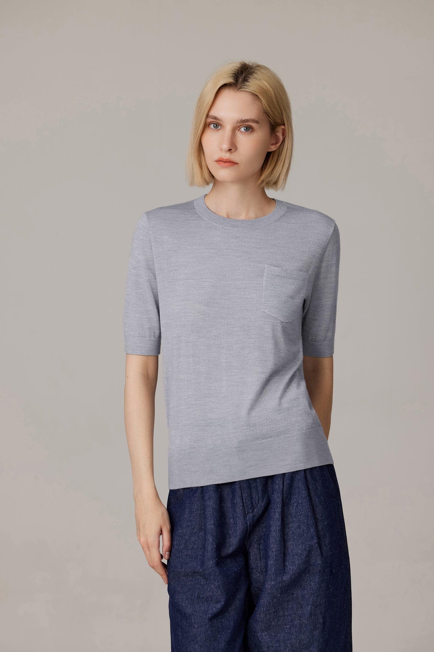 JENNIE LIU Women's Tissue Weight 75% Merino Wool 25% Silk Crew Neck Short Sleeve T Shirt Sweater | Ultra Soft Machine-Washable Sweaters for Women