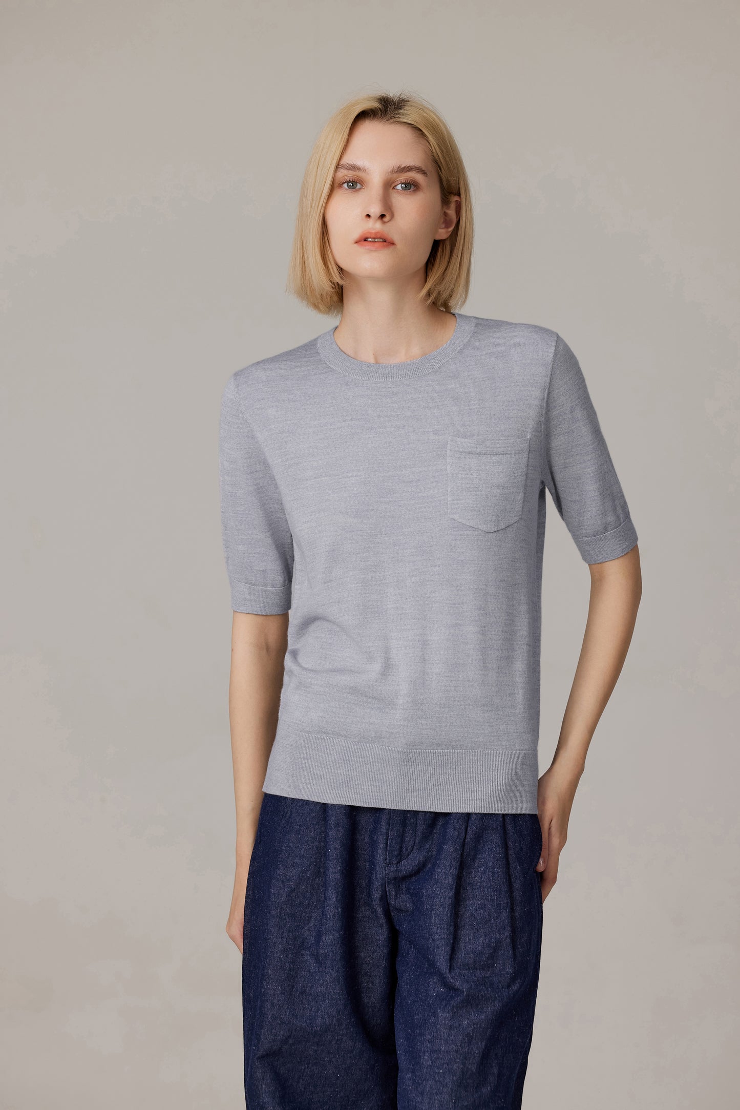 JENNIE LIU Women's Tissue Weight 75% Merino Wool 25% Silk Crew Neck Short Sleeve T Shirt Sweater | Ultra Soft Machine-Washable Sweaters for Women