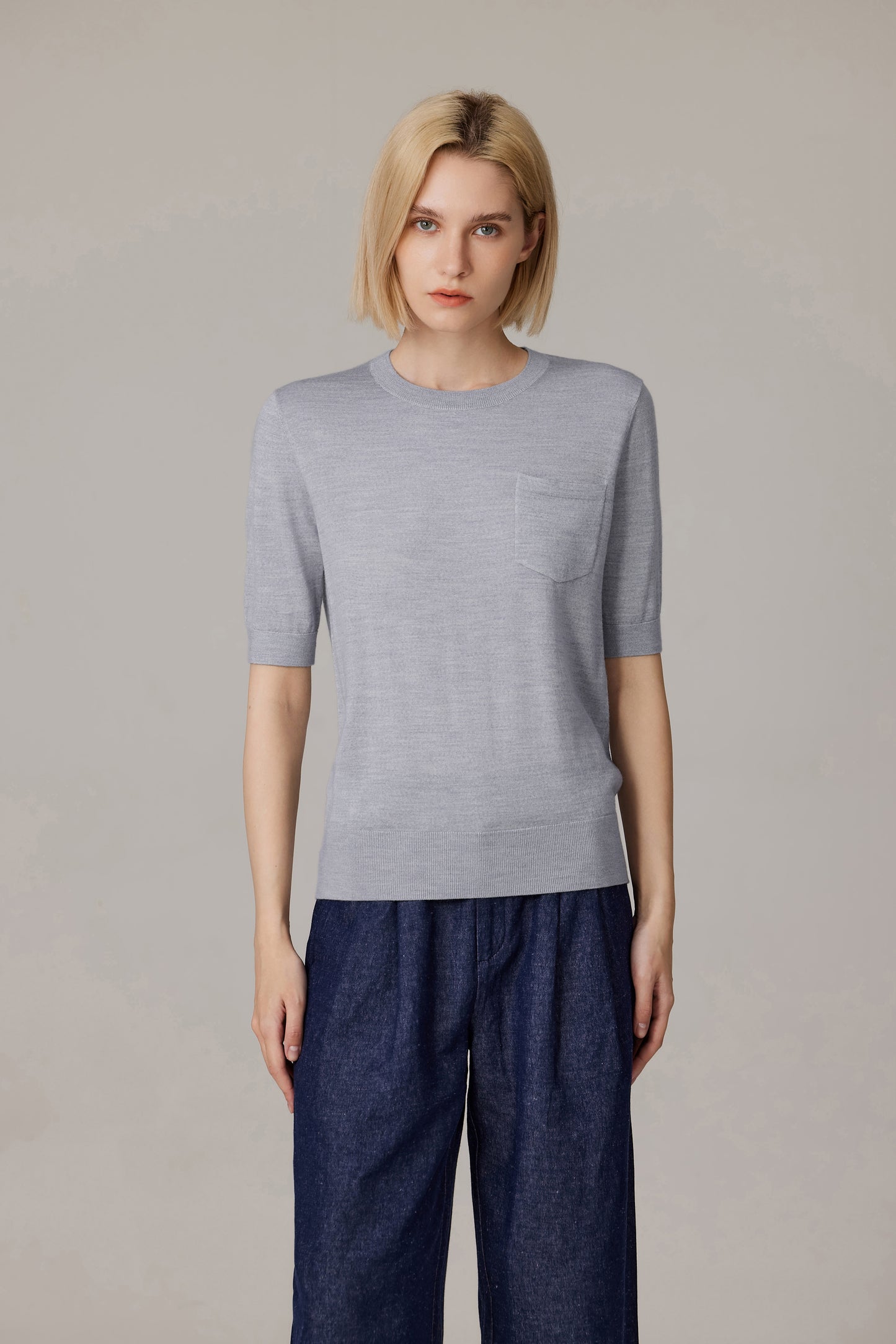 JENNIE LIU Women's Tissue Weight 75% Merino Wool 25% Silk Crew Neck Short Sleeve T Shirt Sweater | Ultra Soft Machine-Washable Sweaters for Women