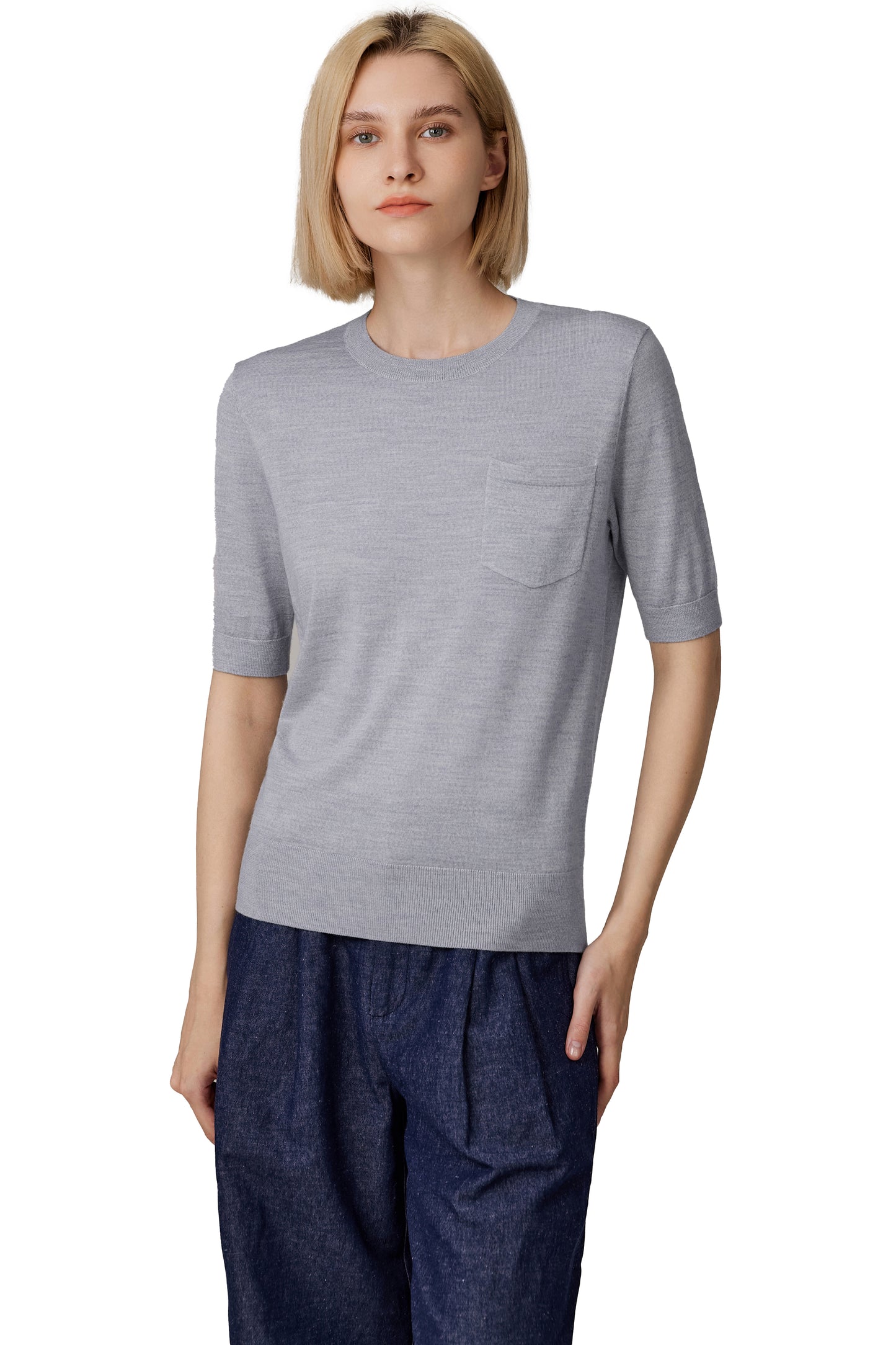 JENNIE LIU Women's Tissue Weight 75% Merino Wool 25% Silk Crew Neck Short Sleeve T Shirt Sweater | Ultra Soft Machine-Washable Sweaters for Women