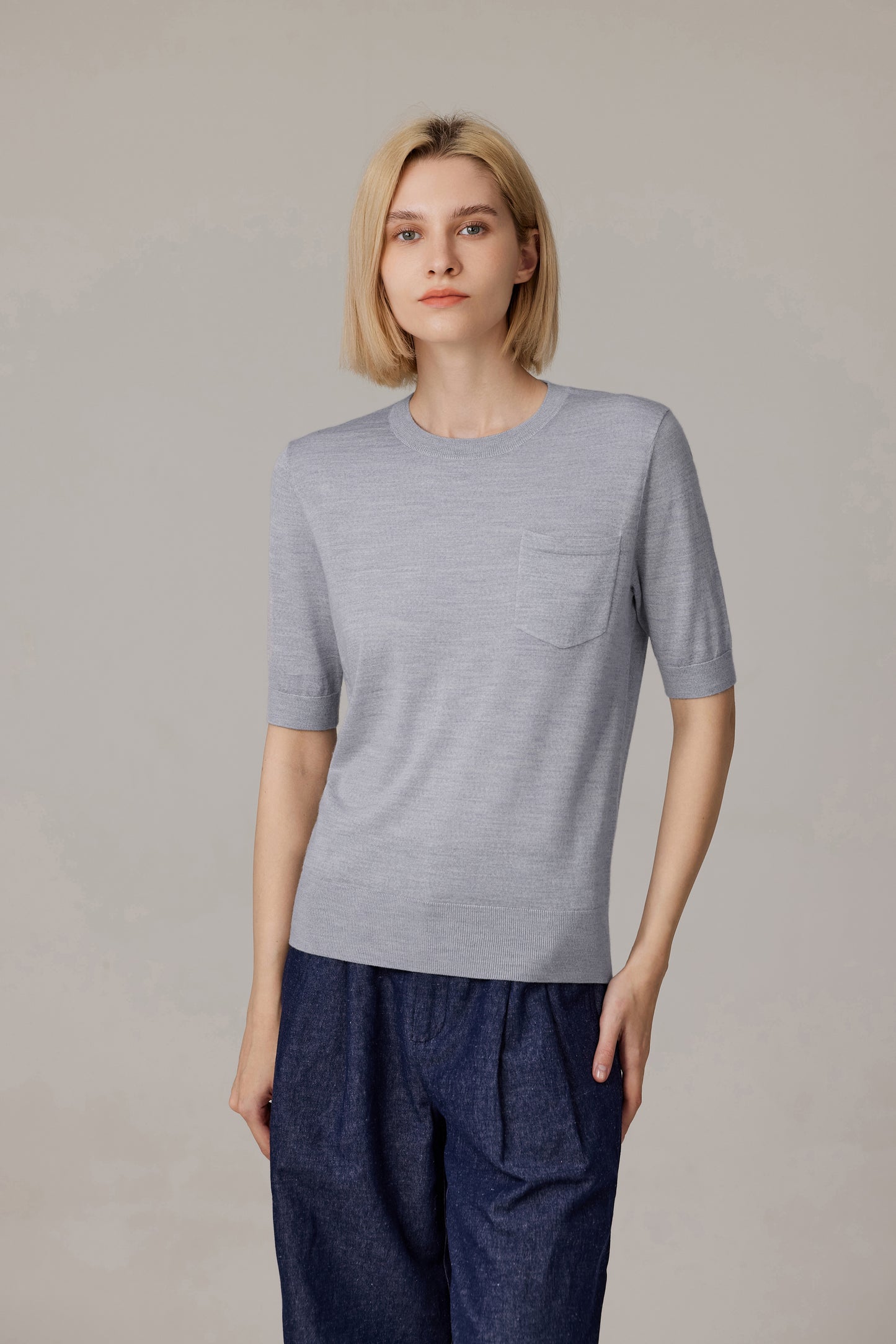 JENNIE LIU Women's Tissue Weight 75% Merino Wool 25% Silk Crew Neck Short Sleeve T Shirt Sweater | Ultra Soft Machine-Washable Sweaters for Women