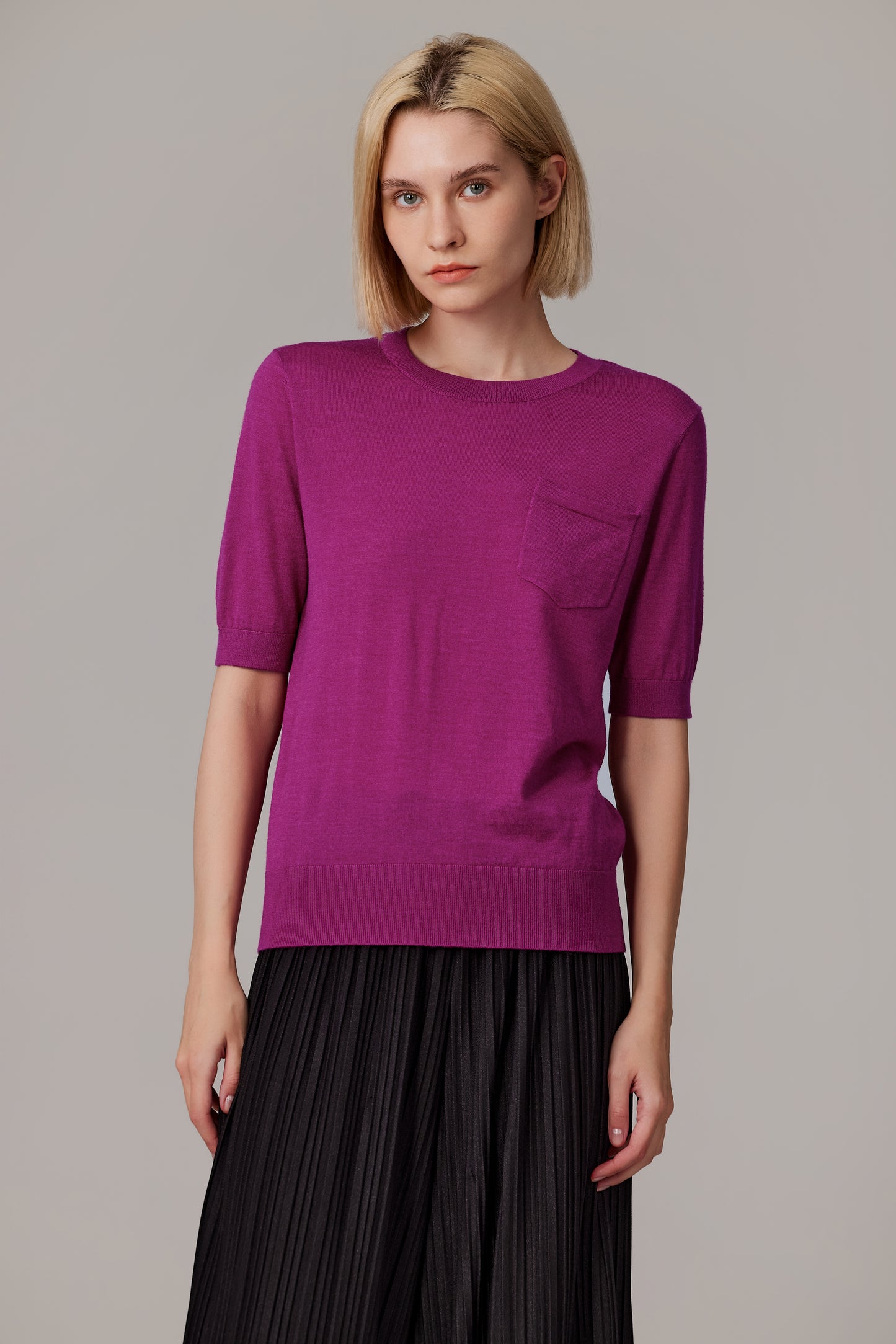 JENNIE LIU Women's Tissue Weight 75% Merino Wool 25% Silk Crew Neck Short Sleeve T Shirt Sweater | Ultra Soft Machine-Washable Sweaters for Women