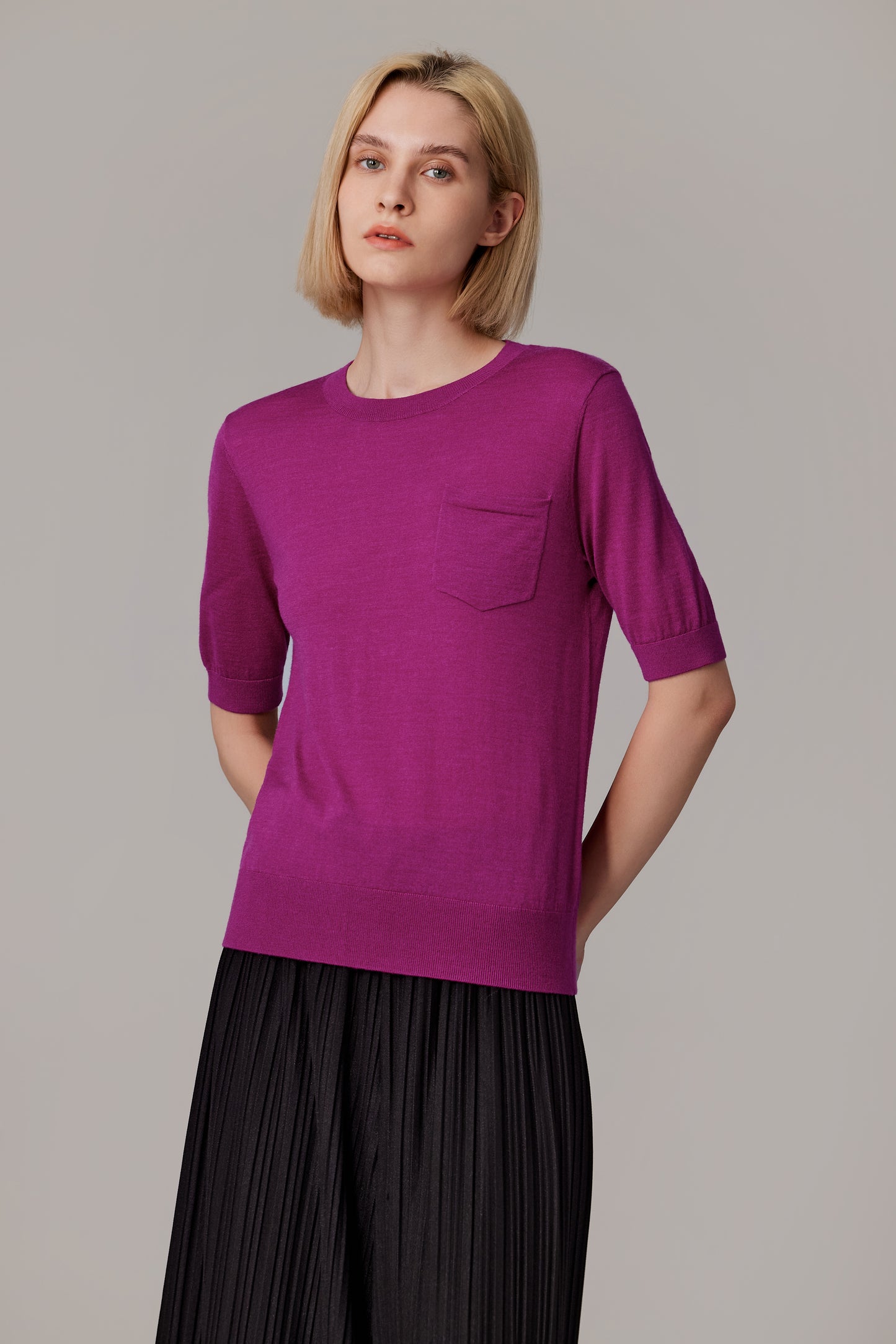 JENNIE LIU Women's Tissue Weight 75% Merino Wool 25% Silk Crew Neck Short Sleeve T Shirt Sweater | Ultra Soft Machine-Washable Sweaters for Women