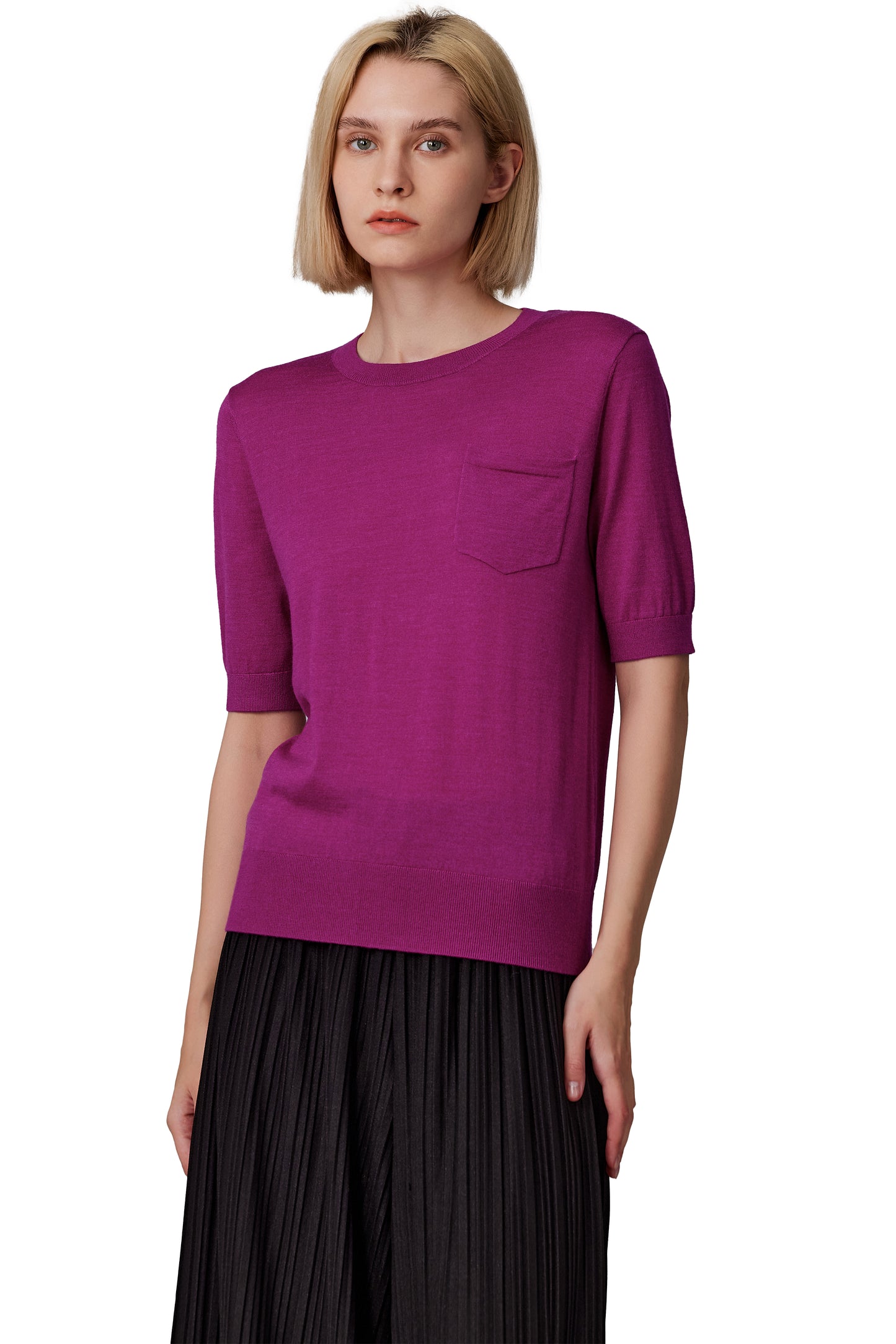 JENNIE LIU Women's Tissue Weight 75% Merino Wool 25% Silk Crew Neck Short Sleeve T Shirt Sweater | Ultra Soft Machine-Washable Sweaters for Women