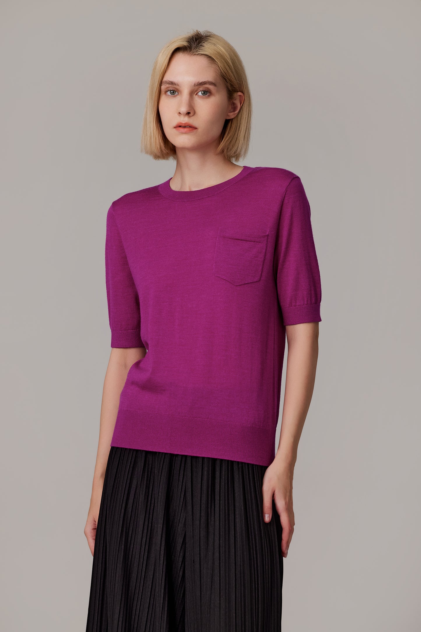 JENNIE LIU Women's Tissue Weight 75% Merino Wool 25% Silk Crew Neck Short Sleeve T Shirt Sweater | Ultra Soft Machine-Washable Sweaters for Women