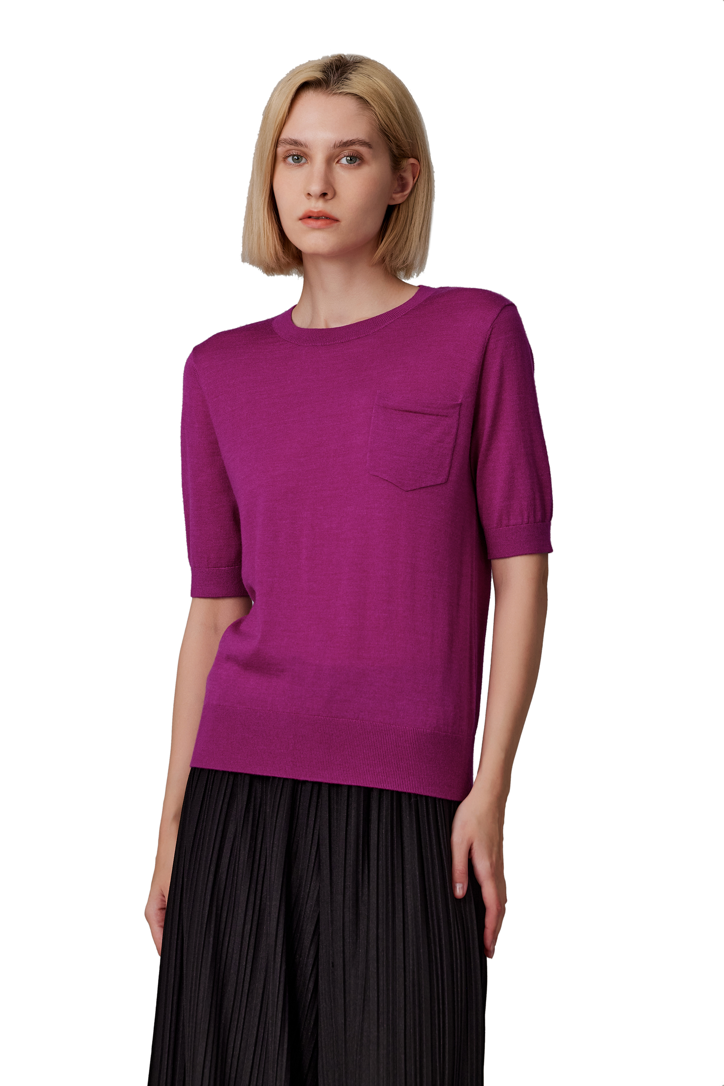 JENNIE LIU Women's Tissue Weight 75% Merino Wool 25% Silk Crew Neck Short Sleeve T Shirt Sweater | Ultra Soft Machine-Washable Sweaters for Women