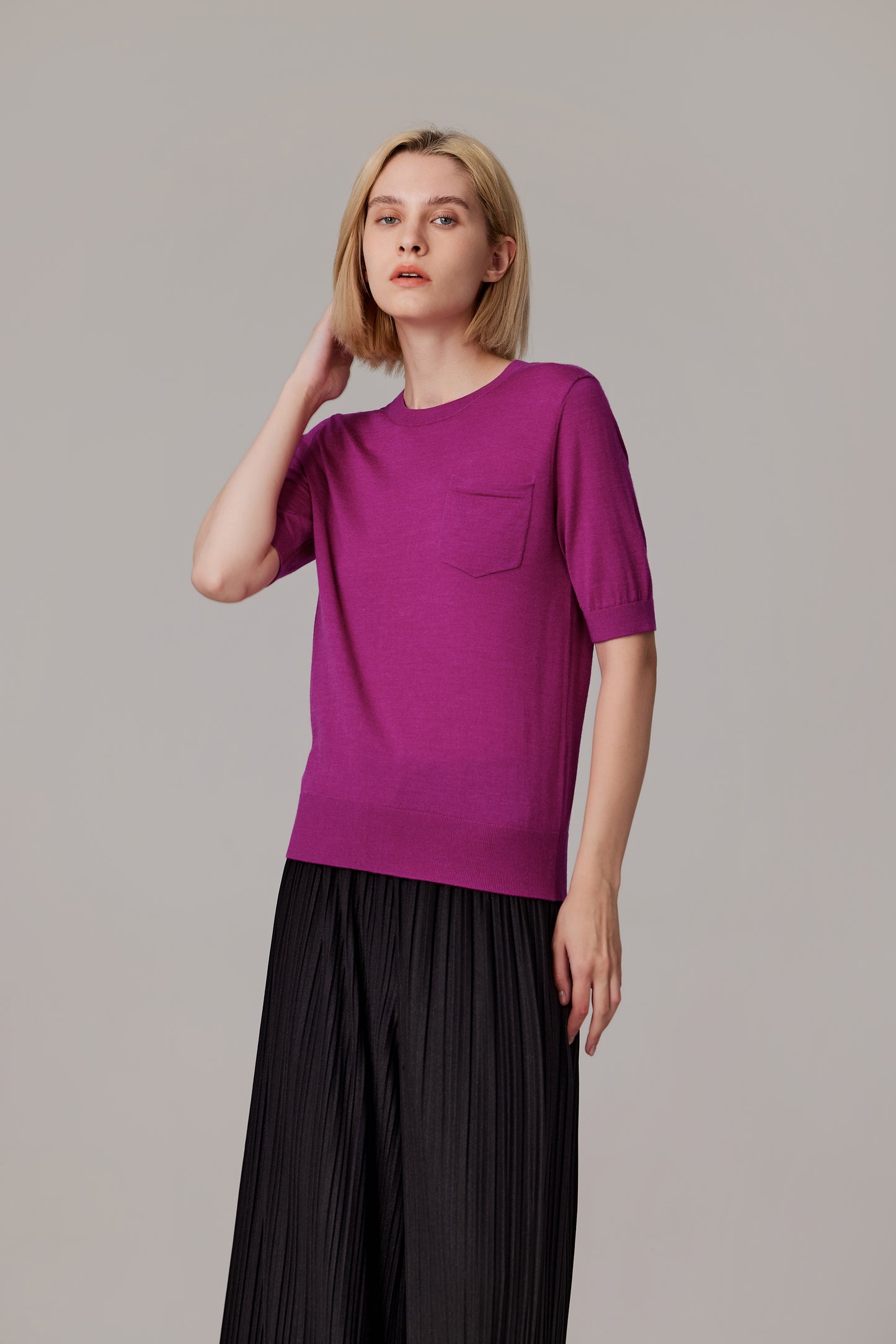 JENNIE LIU Women's Tissue Weight 75% Merino Wool 25% Silk Crew Neck Short Sleeve T Shirt Sweater | Ultra Soft Machine-Washable Sweaters for Women