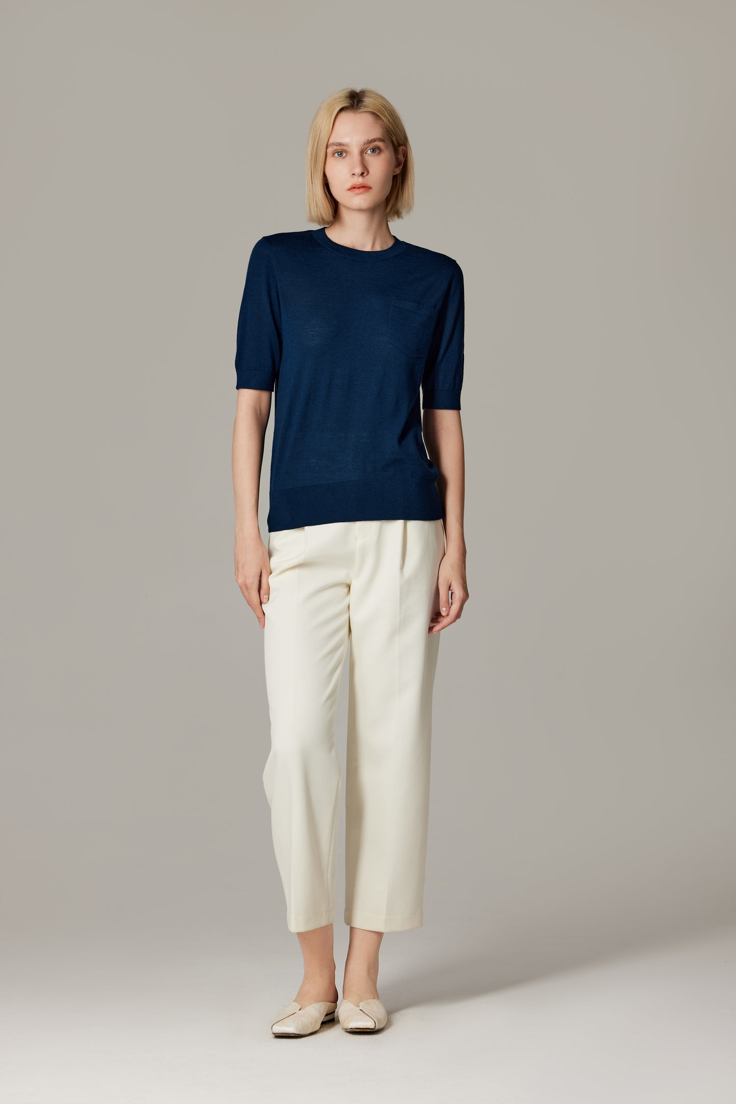 JENNIE LIU Women's Tissue Weight 75% Merino Wool 25% Silk Crew Neck Short Sleeve T Shirt Sweater | Ultra Soft Machine-Washable Sweaters for Women