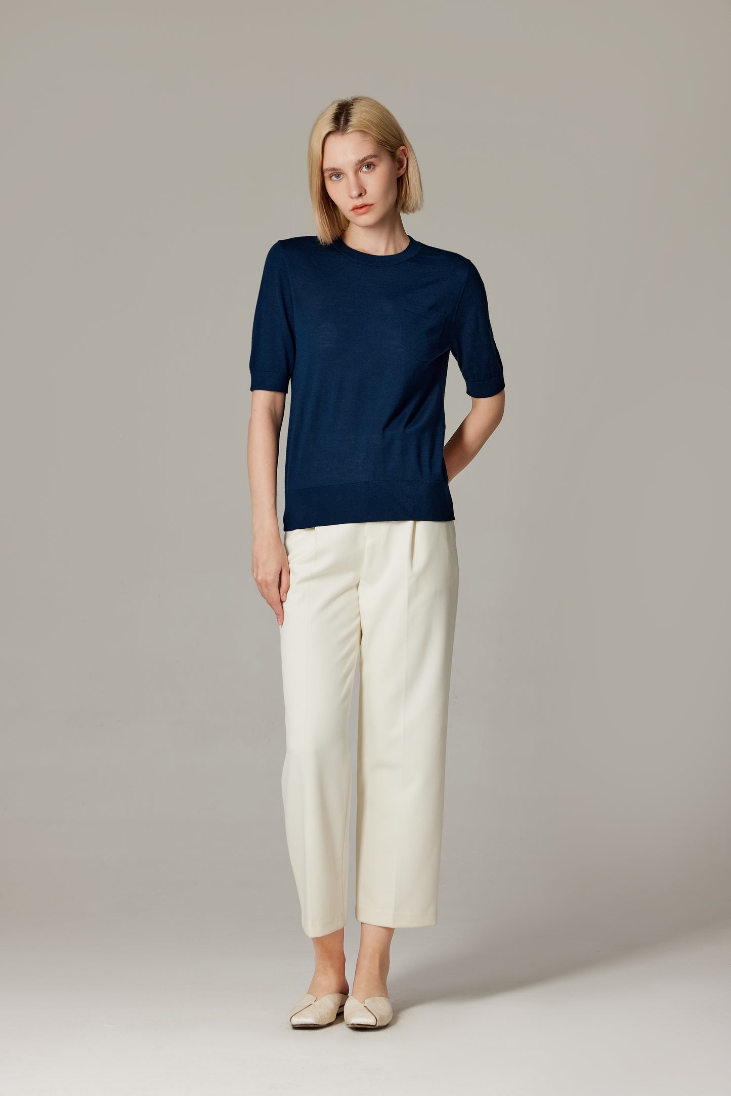 JENNIE LIU Women's Tissue Weight 75% Merino Wool 25% Silk Crew Neck Short Sleeve T Shirt Sweater | Ultra Soft Machine-Washable Sweaters for Women