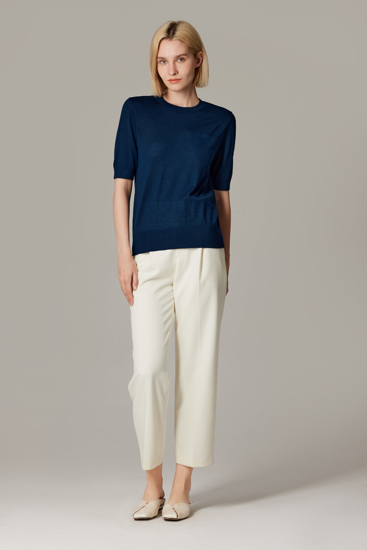 JENNIE LIU Women's Tissue Weight 75% Merino Wool 25% Silk Crew Neck Short Sleeve T Shirt Sweater | Ultra Soft Machine-Washable Sweaters for Women