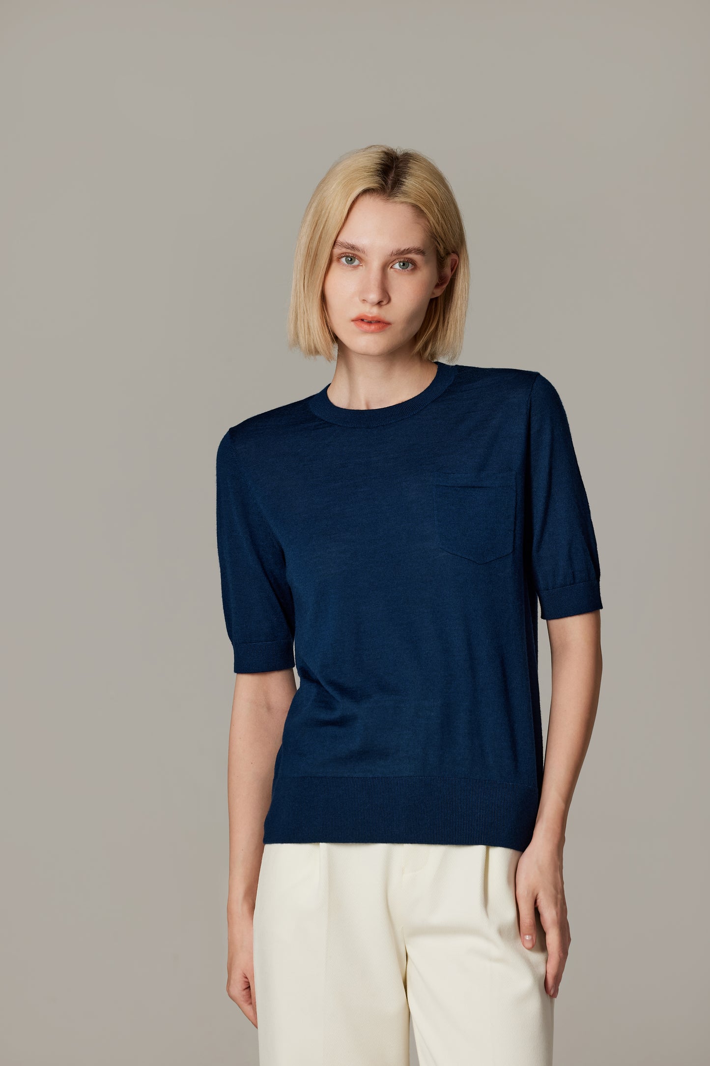 JENNIE LIU Women's Tissue Weight 75% Merino Wool 25% Silk Crew Neck Short Sleeve T Shirt Sweater | Ultra Soft Machine-Washable Sweaters for Women