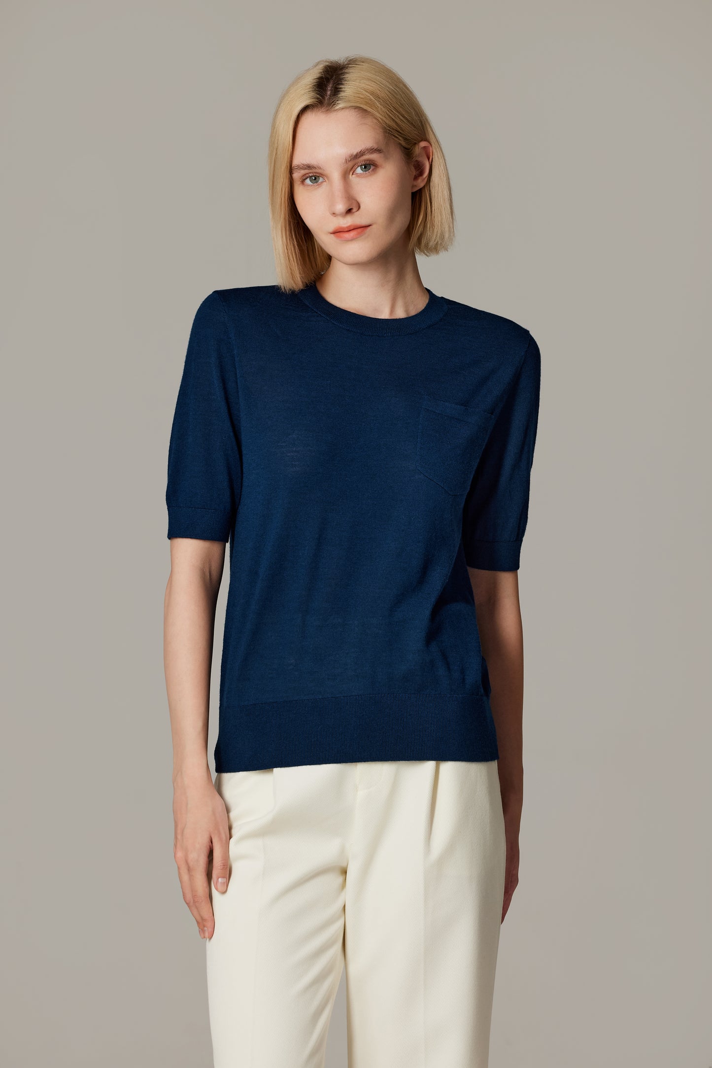 JENNIE LIU Women's Tissue Weight 75% Merino Wool 25% Silk Crew Neck Short Sleeve T Shirt Sweater | Ultra Soft Machine-Washable Sweaters for Women