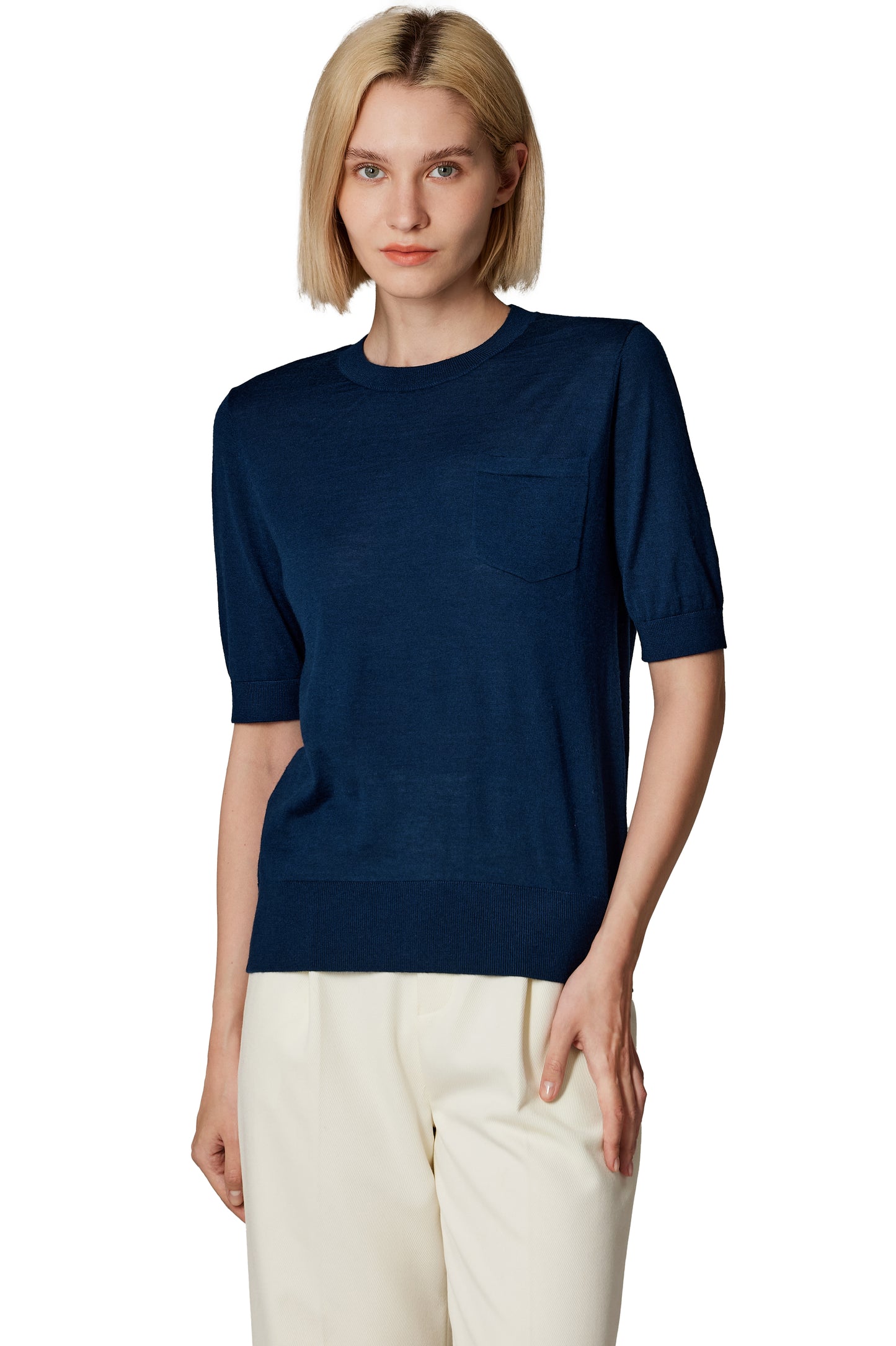 JENNIE LIU Women's Tissue Weight 75% Merino Wool 25% Silk Crew Neck Short Sleeve T Shirt Sweater | Ultra Soft Machine-Washable Sweaters for Women