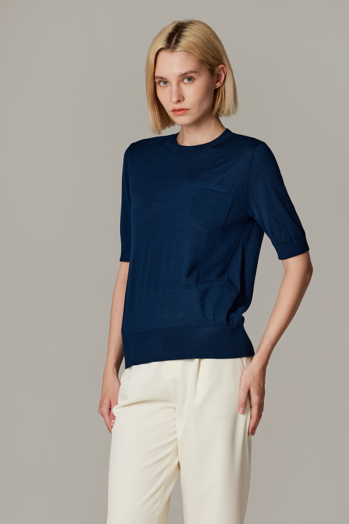 JENNIE LIU Women's Tissue Weight 75% Merino Wool 25% Silk Crew Neck Short Sleeve T Shirt Sweater | Ultra Soft Machine-Washable Sweaters for Women