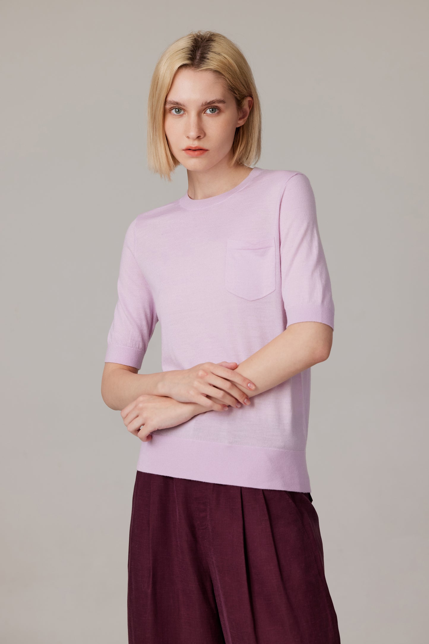 JENNIE LIU Women's Tissue Weight 75% Merino Wool 25% Silk Crew Neck Short Sleeve T Shirt Sweater | Ultra Soft Machine-Washable Sweaters for Women