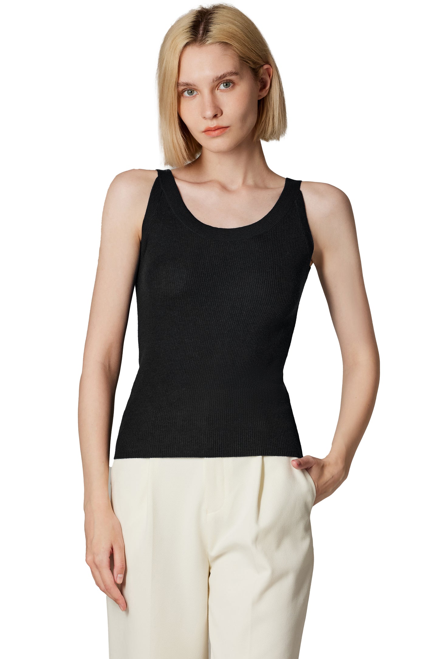 JENNIE LIU Women's Scoop Neck Tank Top | 75% Merino Wool 25% Silk Ultra-Soft Layering Essential | Natrual Moisture Wicking Sweater