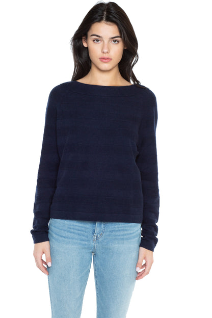 Women's Horizontal Rib Cashmere Boatneck Sweater in Navy, front view by J CASHMERE