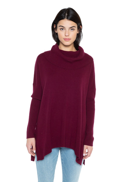 Women's Cashmere Cocoon Dolman Cowl Neck Sweater in Burgundy, front view by J CASHMERE