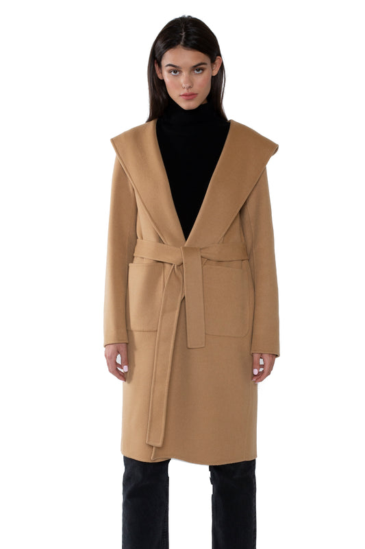 JENNIE LIU WOMEN'S CASHMERE WOOL DOUBLE FACE HOODED TRENCH COAT WITH BELT