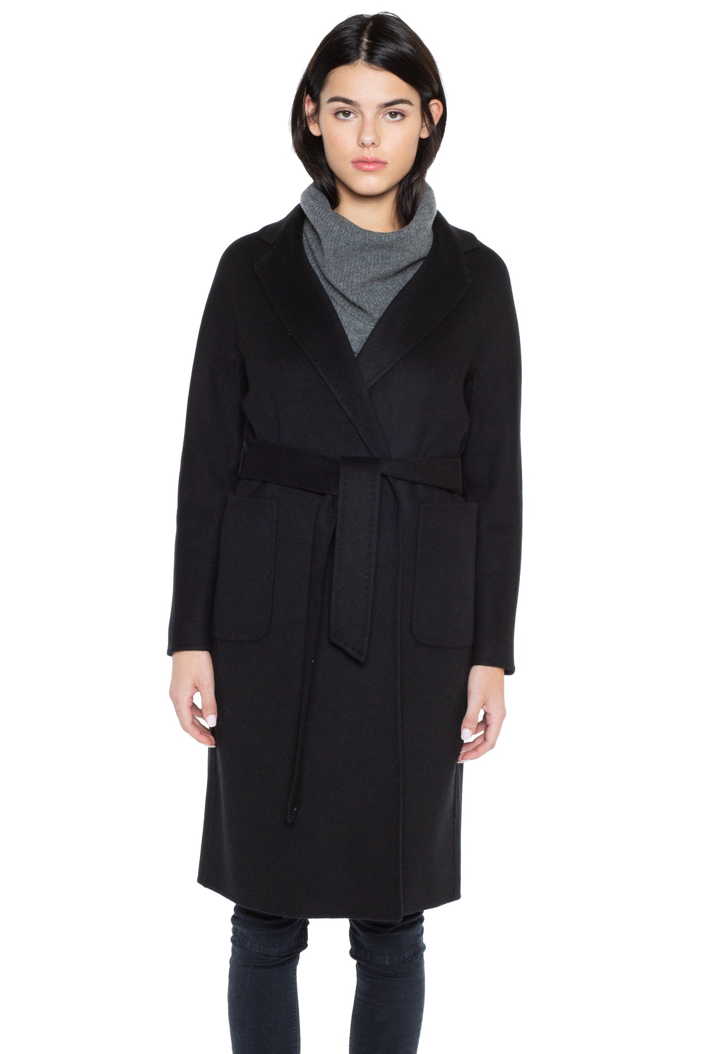 JENNIE LIU WOMEN'S CASHMERE WOOL DOUBLE FACE TRENCH COAT WITH BELT