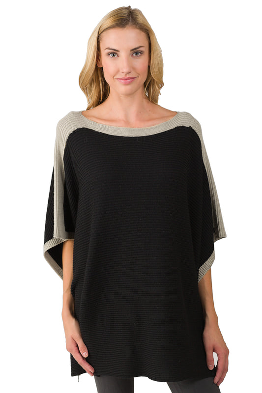 JENNIE LIU Women's Cashmere Blend Rib Knitted Poncho Sweater (One Size, Black)