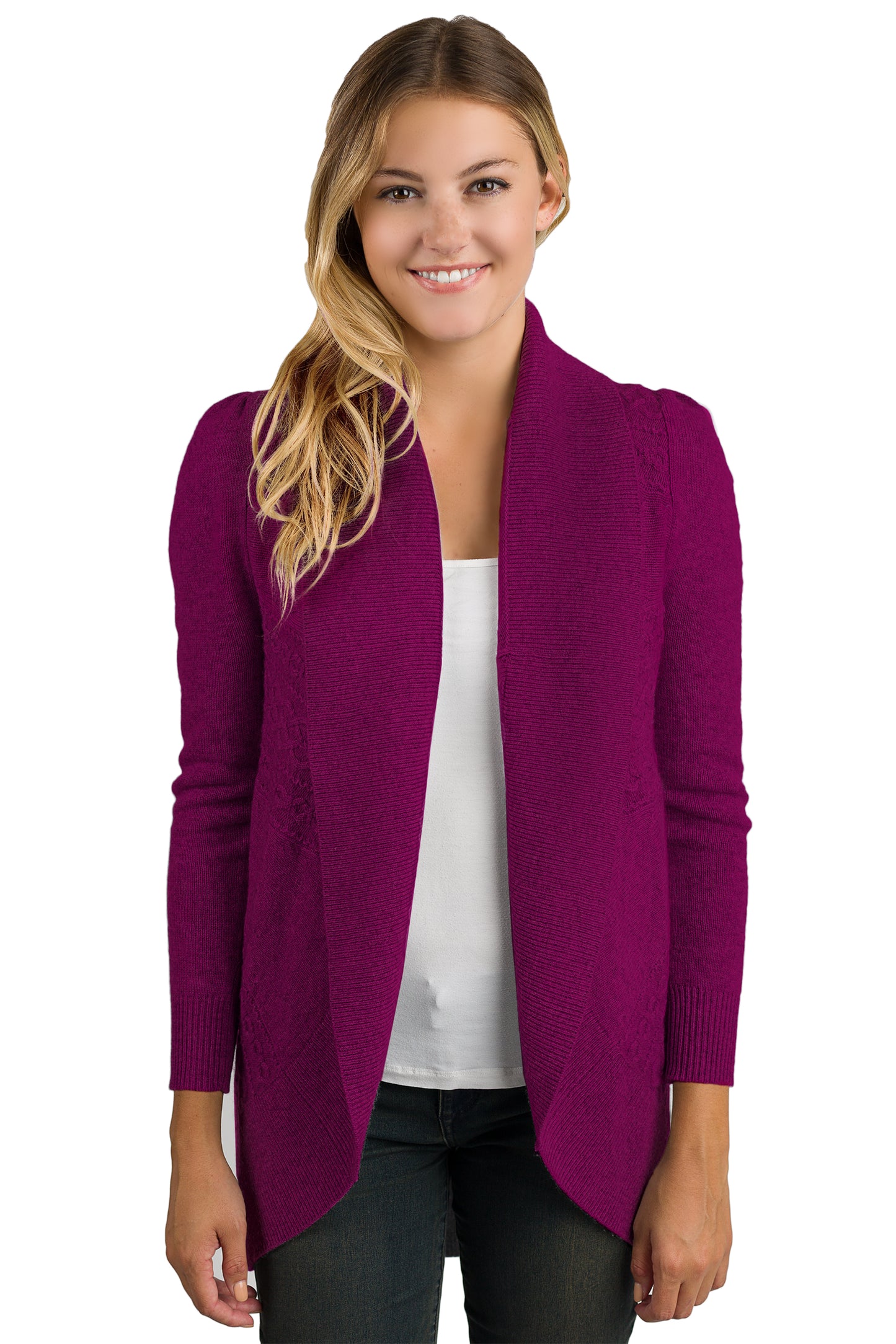 JENNIE LIU Women's 100% Pure Cashmere Long Sleeve Celine Cable-Knit Open Cardigan Sweater