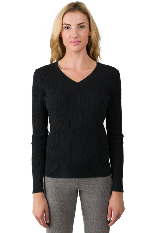 J CASHMERE By JENNIE LIU Women's 100% Cashmere Long Sleeve Pullover Cable-knit V-neck Sweater