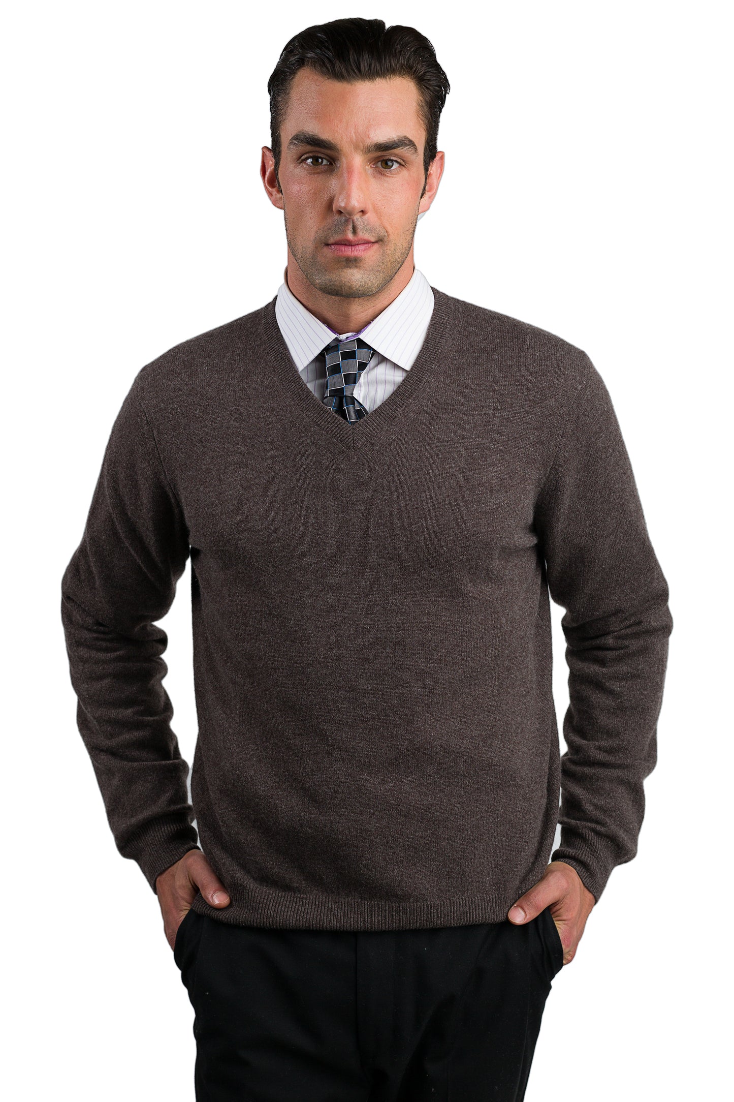 JENNIE LIU Men's 100% Pure Cashmere Long Sleeve Pullover V Neck Sweater