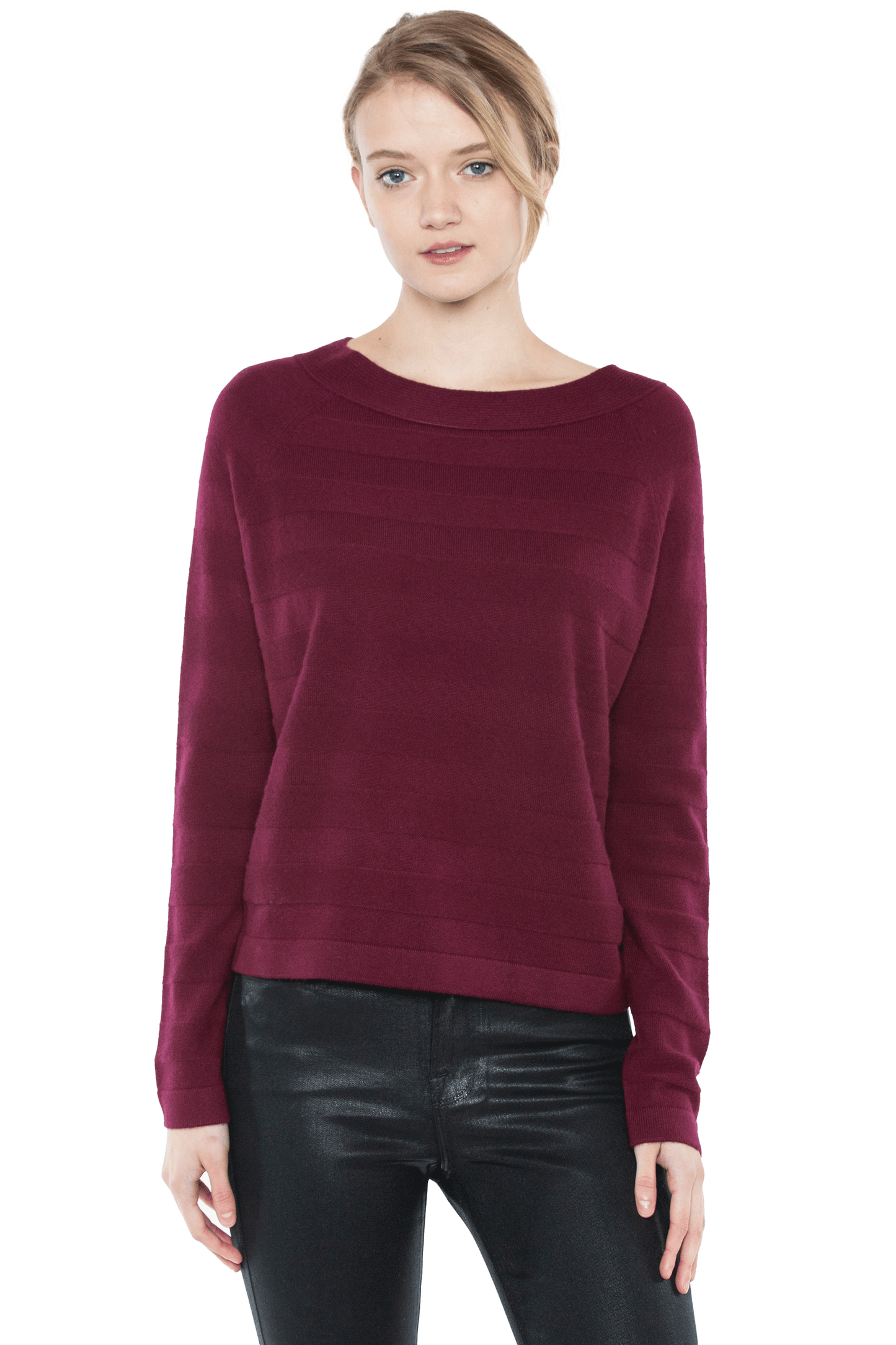 J CASHMERE Women's 100% Pure Cashmere Horizontal Rib Boatneck Raglan Sweater