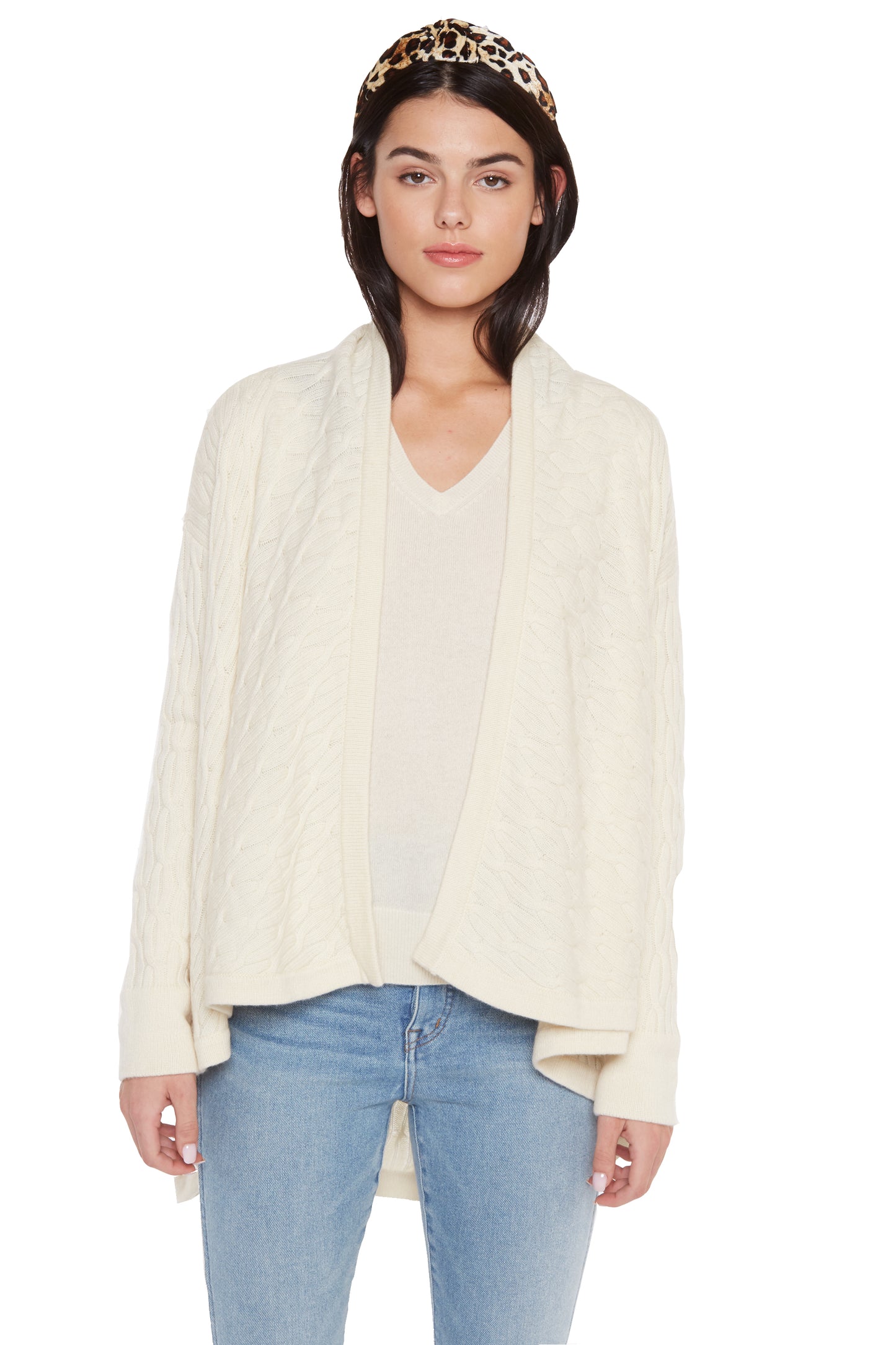 JENNIE LIU Women's 100% Pure Cashmere 4-ply Cable-Knit Drape-Front Open Cardigan Sweater