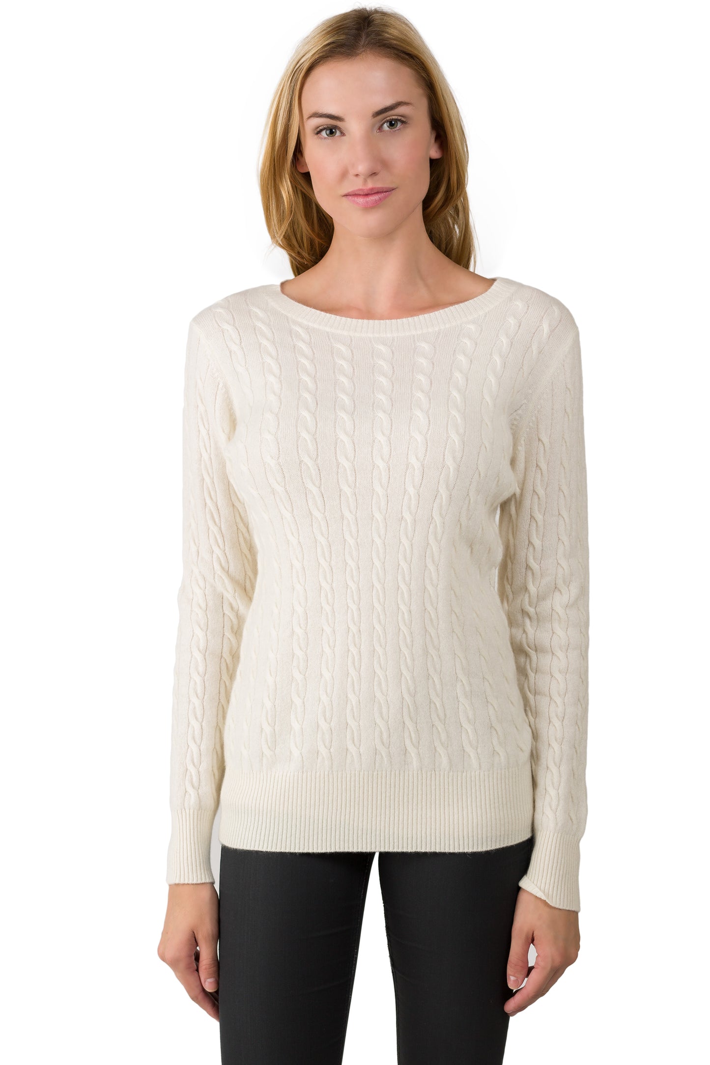 J CASHMERE Women's 100% Cashmere Long Sleeve Cable-knit Pullover Crew Neck Sweater