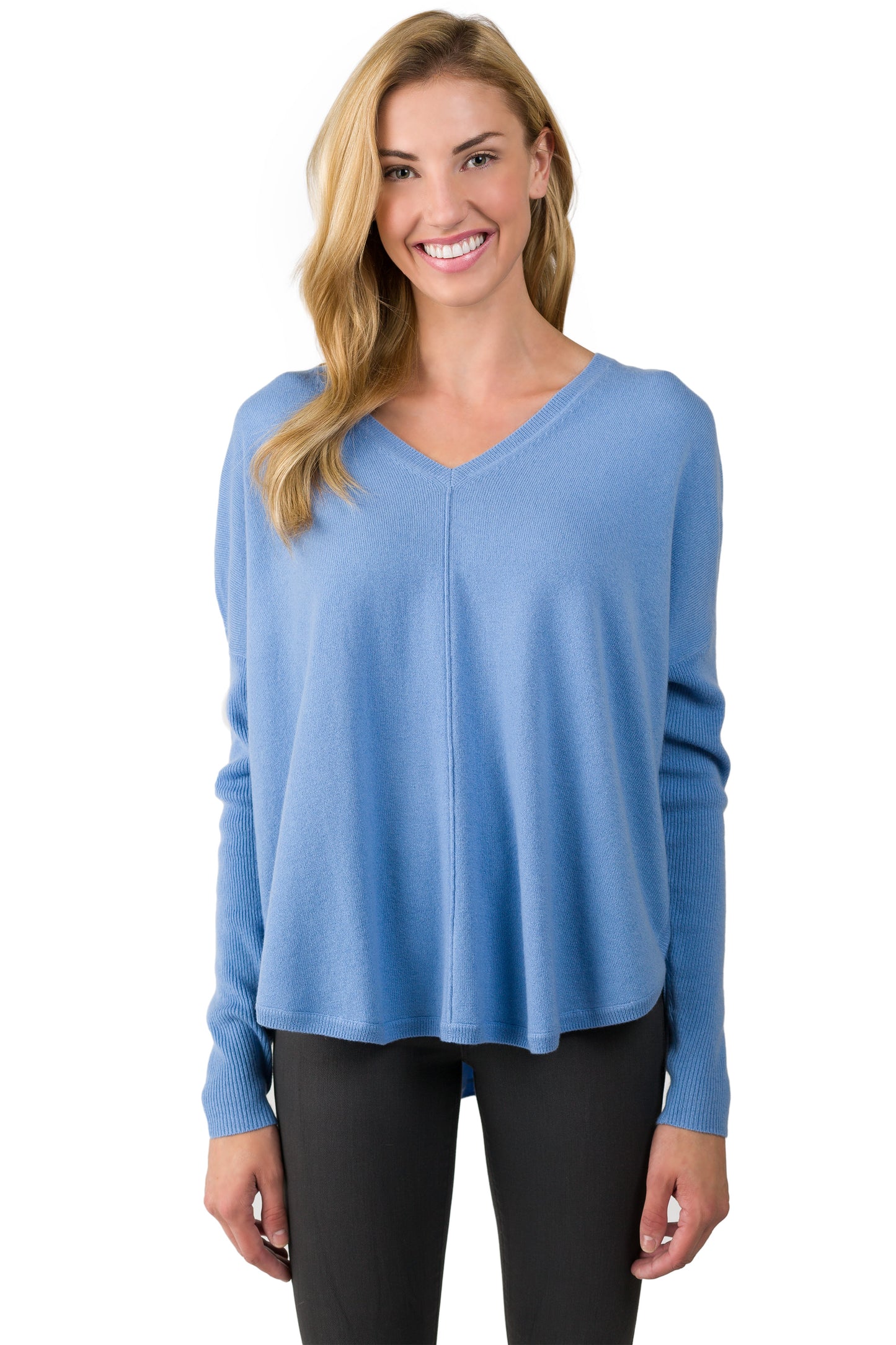 J CASHMERE By JENNIE LIU Women's 100% Cashmere Long Sleeve Oversize Pullover V-neck Raglan Sweater