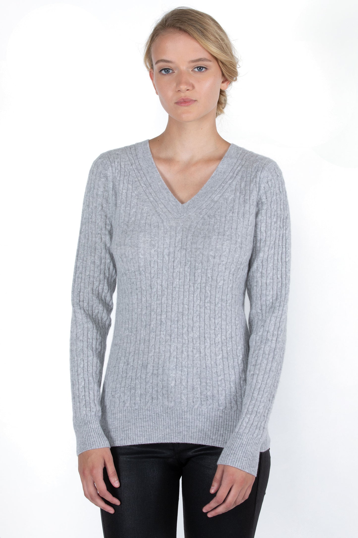 J CASHMERE By JENNIE LIU Women's 100% Cashmere Long Sleeve Pullover Cable-knit V-neck Sweater