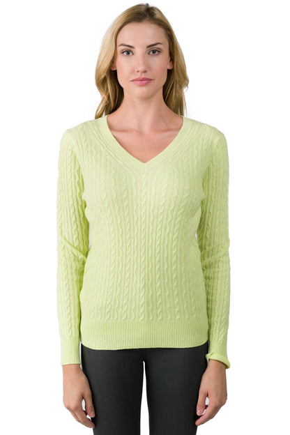 Women's Cable-Knit Cashmere V-Neck Sweater in Lemonade by J CASHMERE