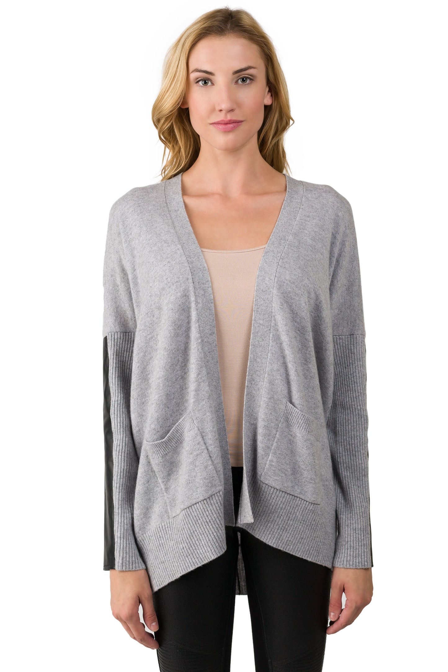 J CASHMERE Women's 100% Cashmere Long Sleeve leather Dolman Cardigan Sweater