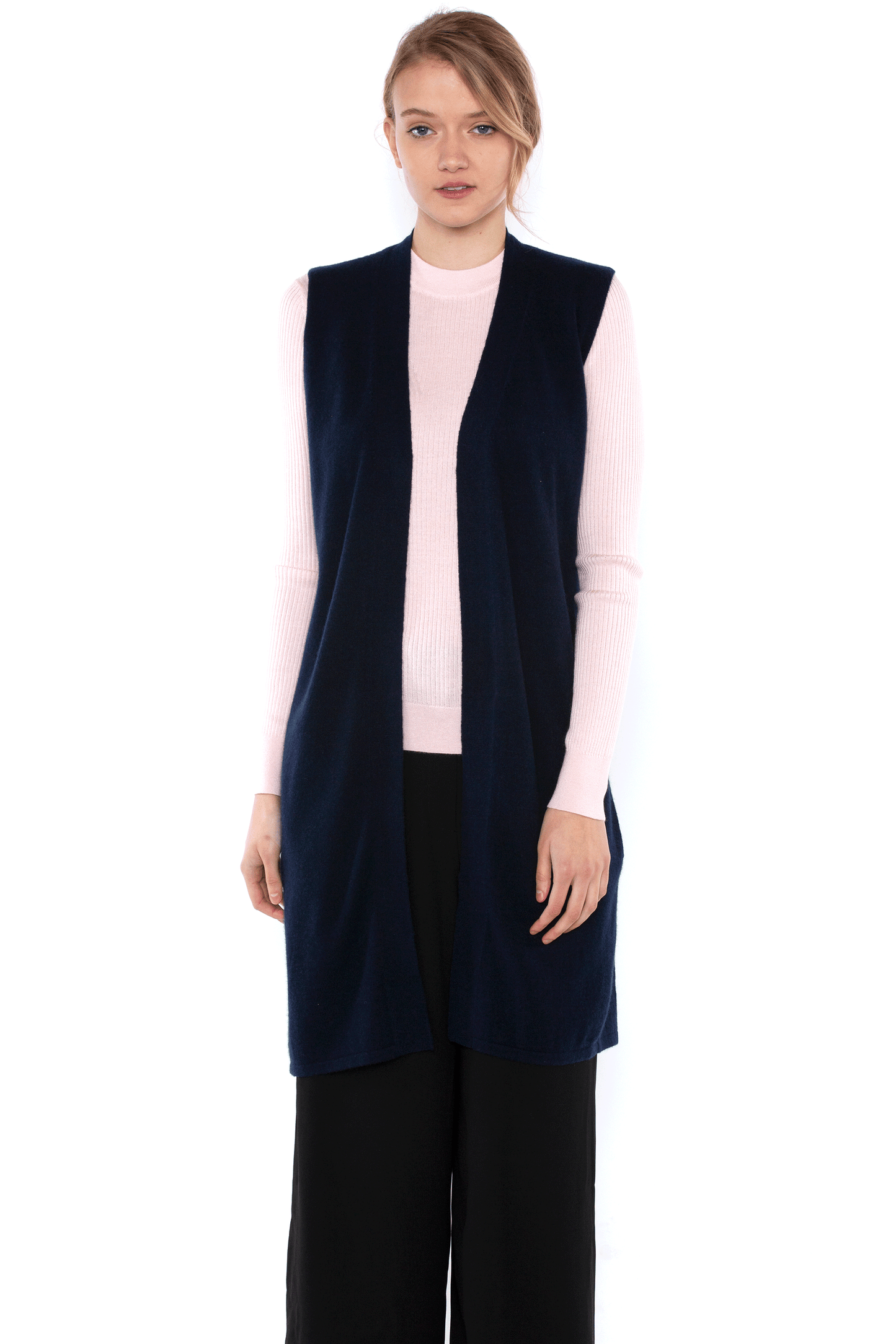 JENNIE LIU Womens 100% Pure Cashmere Sleeveless Cardigan Sweater Duster Vest