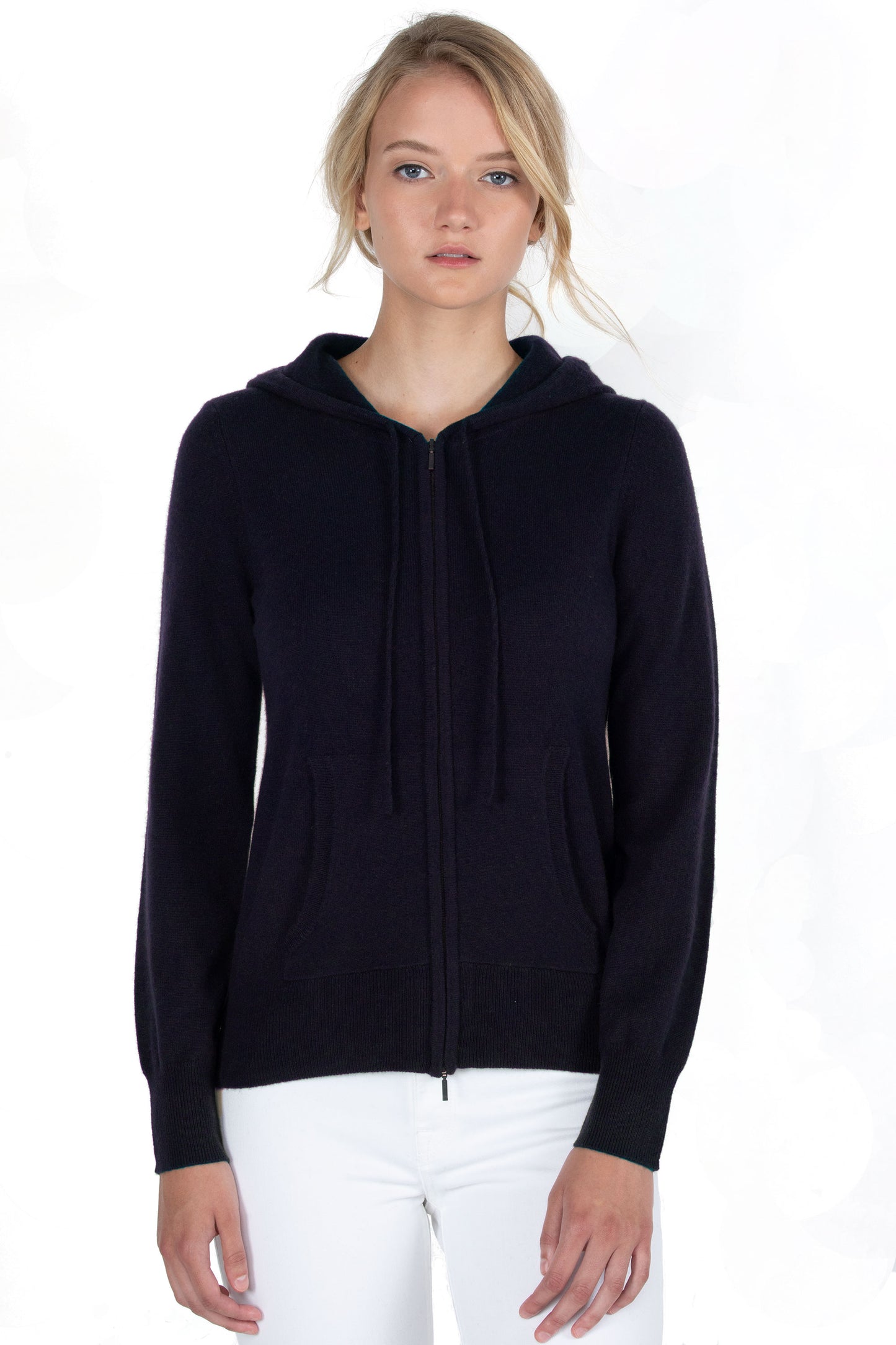 JENNIE LIU Women's 100% Pure Cashmere Long Sleeve Zip Hoodie Cardigan Sweater