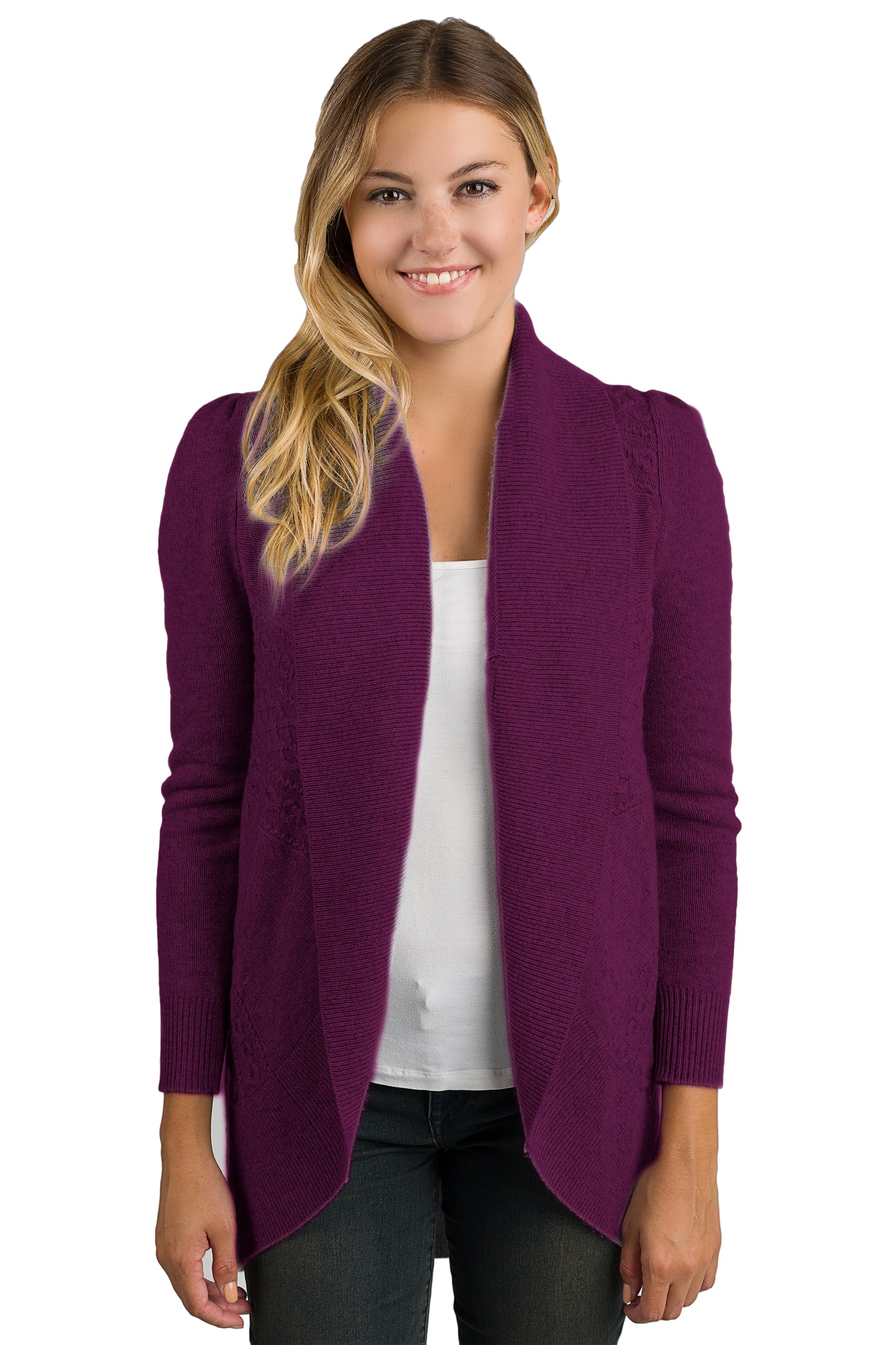 JENNIE LIU Women's 100% Pure Cashmere Long Sleeve Celine Cable-Knit Open Cardigan Sweater